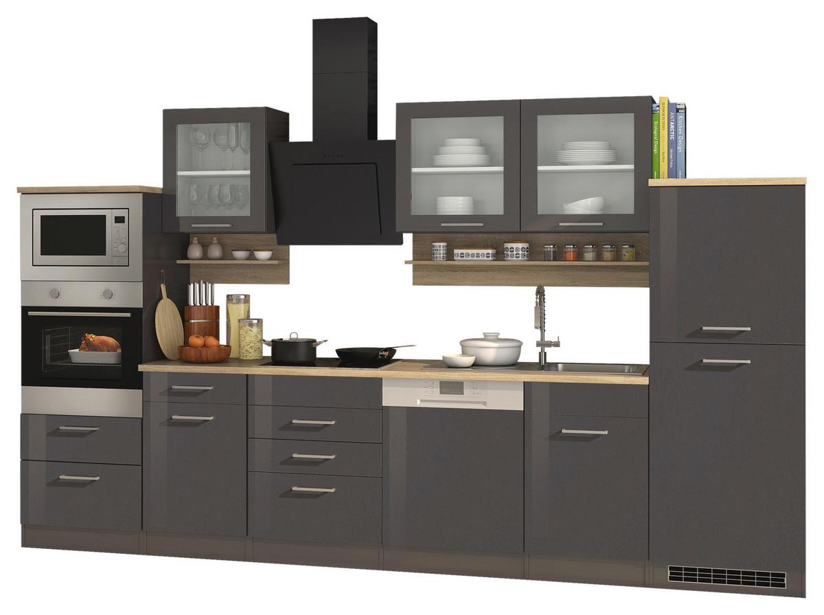 Küchenblock Mailand m. Geräten Graphitfarben - Silberfarben/Graphitfarben, MODERN, Glas/Holzwerkstoff (340cm) - Held
