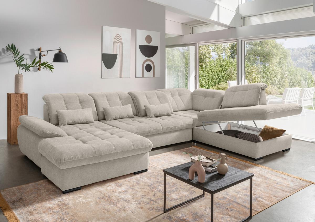 Wohnlandschaft Rigatti Beige Chenille mit Bettkasten - Beige/Schwarz, MODERN, Textil/Metall (184/387/252cm) - Livetastic