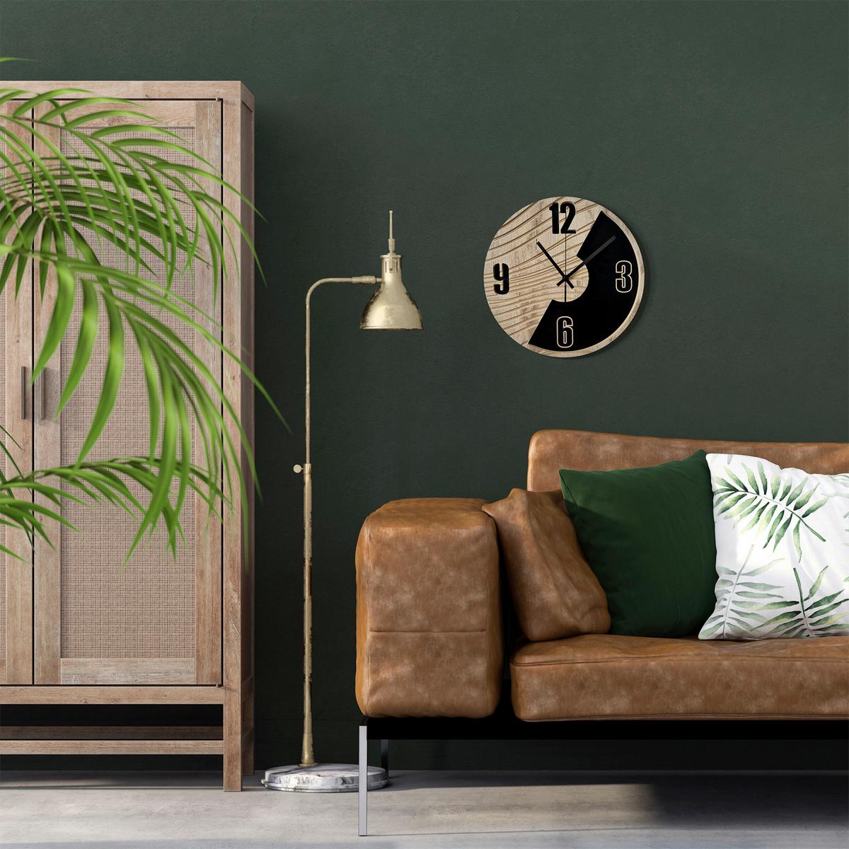 Wanduhr Schwarz/Eichefarben Ø ca. 36cm - Eichefarben/Schwarz, Basics, Holz/Kunststoff (36cm)