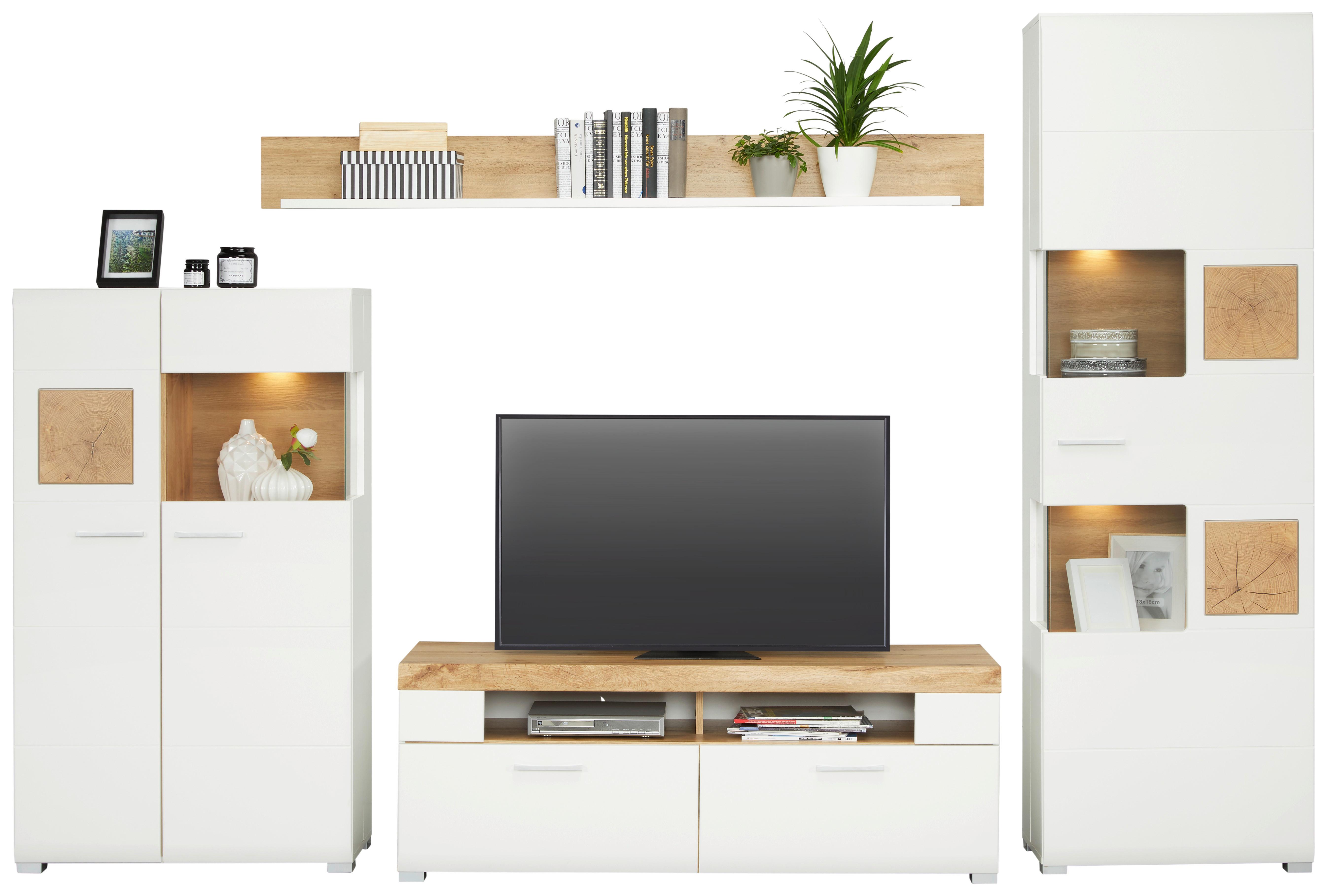 Wohnwand in Weiß inkl. Beleuchtung - Chromfarben/Eichefarben, MODERN, Holzwerkstoff/Metall (325/205/47cm) - Mömax