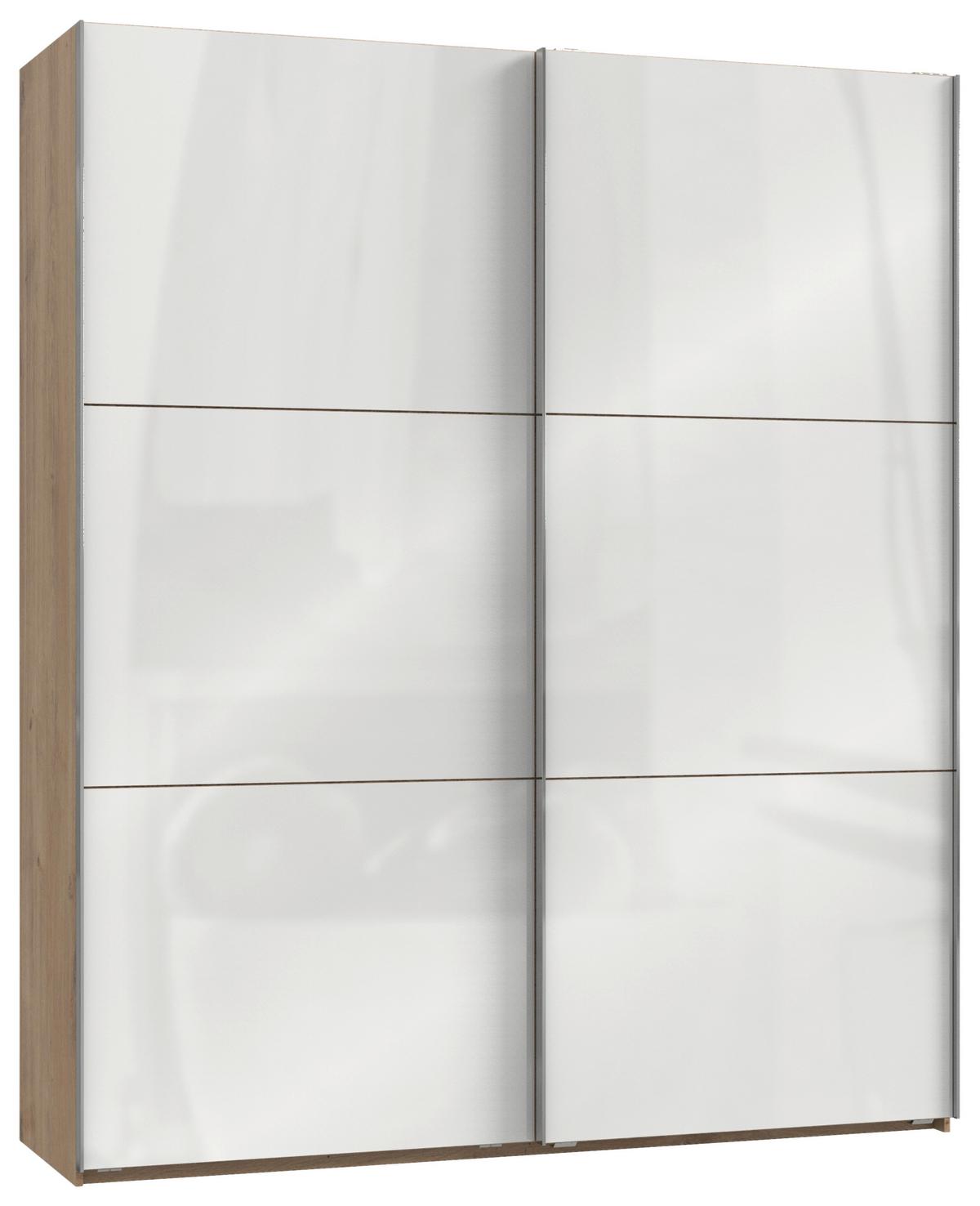 Schwebetürenschrank Level 36D ca. 200 cm Weiß/Eiche Dekor - Chromfarben/Weiß Hochglanz, MODERN, Holzwerkstoff/Metall (200/236/65cm) - MID.YOU