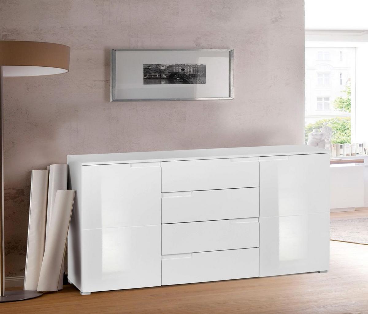 Komoda Moon 4 - bijela/bijela visoki sjaj, Moderno, drvni materijal/plastika (165/80/40cm) - Modern Living