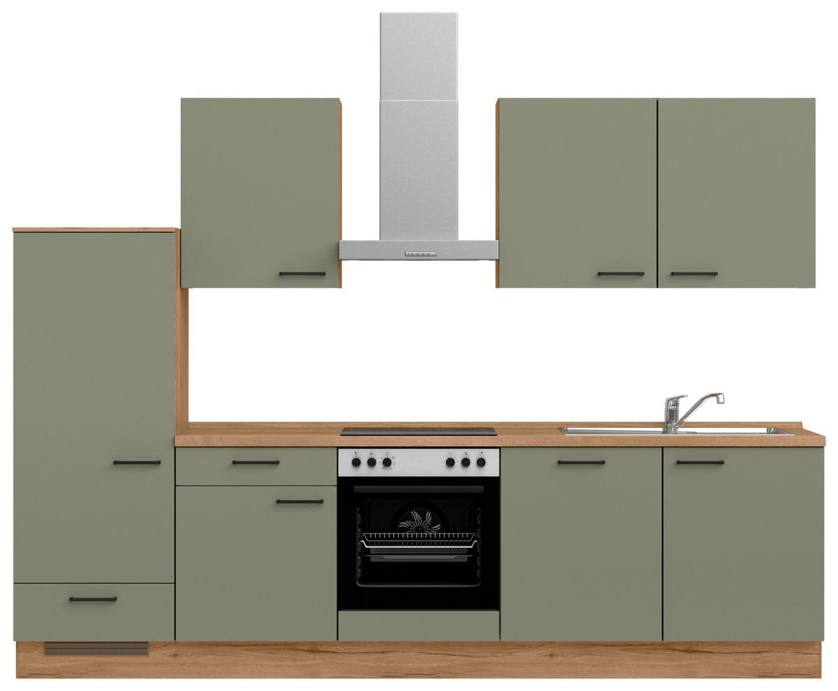 Küchenleerblock Senso Low o. Geräte Olivgrün - Eichefarben/Schwarz, MODERN, Holzwerkstoff/Metall (300cm) - Nobilia