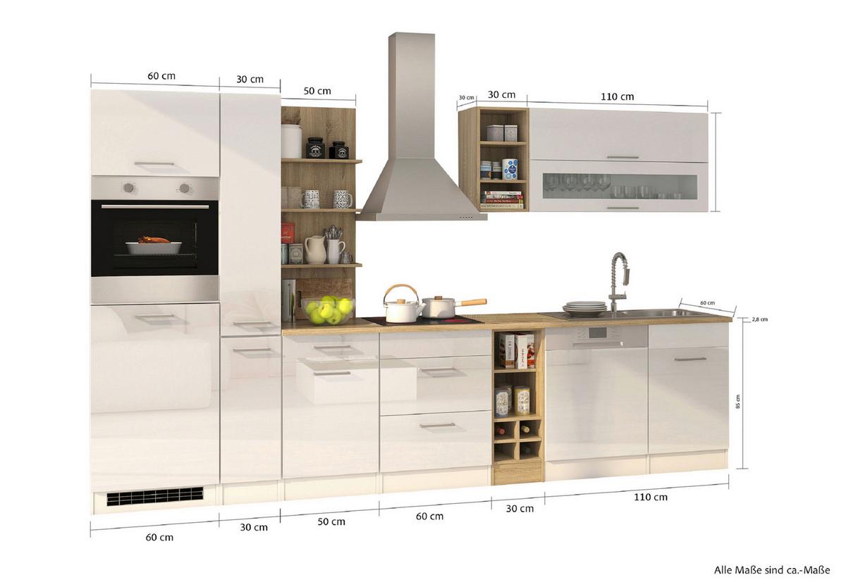 Küchenleerblock Mailand o. Geräte Weiß Hochglanz - Weiß Hochglanz/Silberfarben, MODERN, Holzwerkstoff/Metall (340cm) - Held