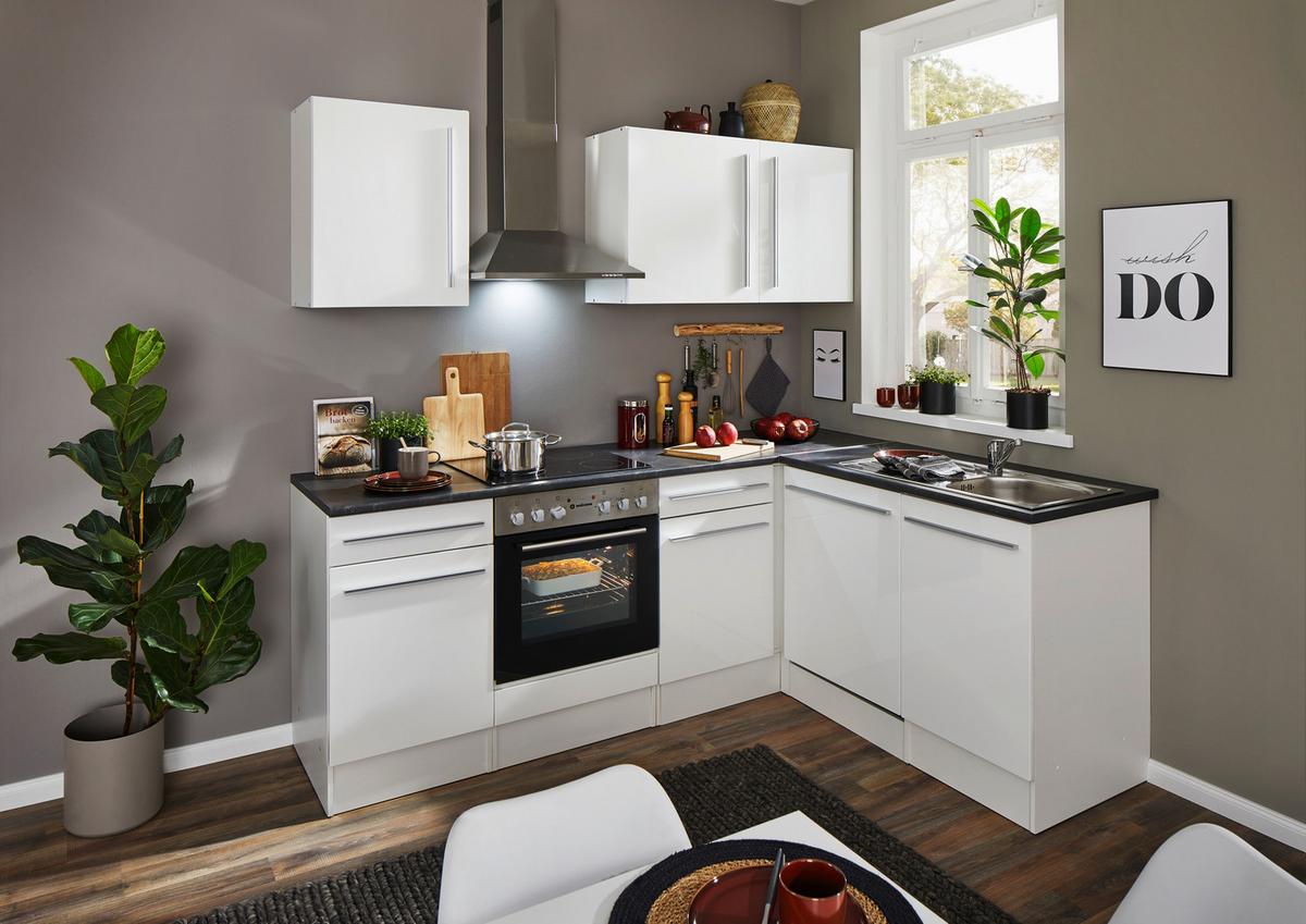 Eckküche Jazz mit Geräten ca.200x175cm Wiß Hochglanz - Weiß Hochglanz/Anthrazit, LIFESTYLE, Holzwerkstoff/Kunststoff (220/175cm) - P & B