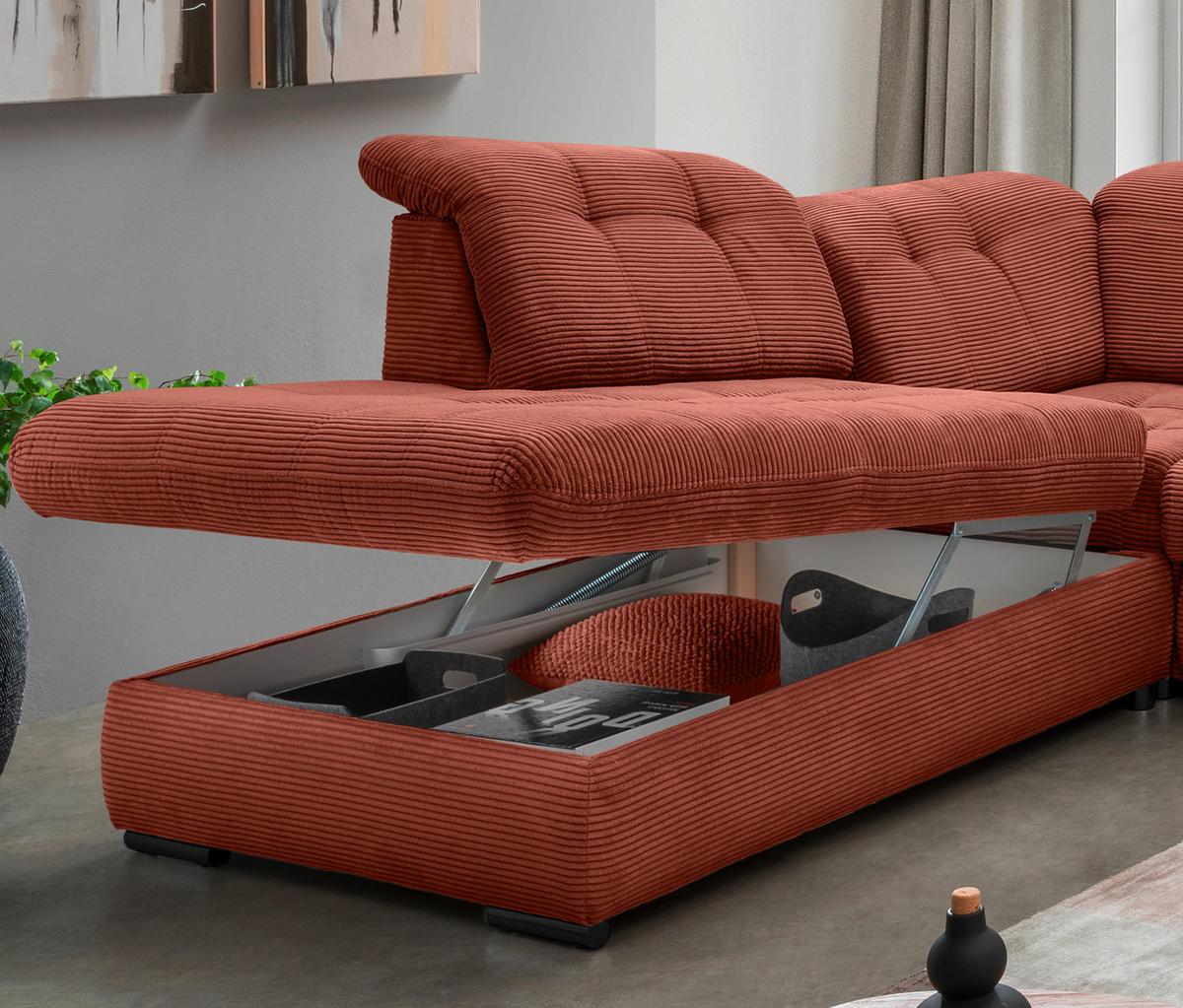 Wohnlandschaft Rigatti Koralle Cord mit Bettkasten - Koralle/Schwarz, MODERN, Textil/Metall (252/387/184cm) - Livetastic