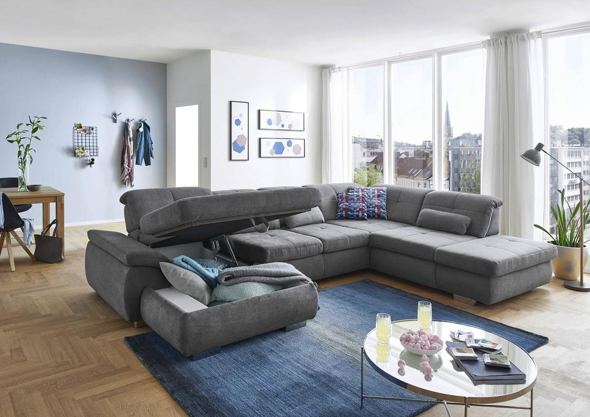U-alakú Kanapé Paso - ezüstszínű, Konventionell, faalapú anyag/fém (374/83/260cm) - Premium Living