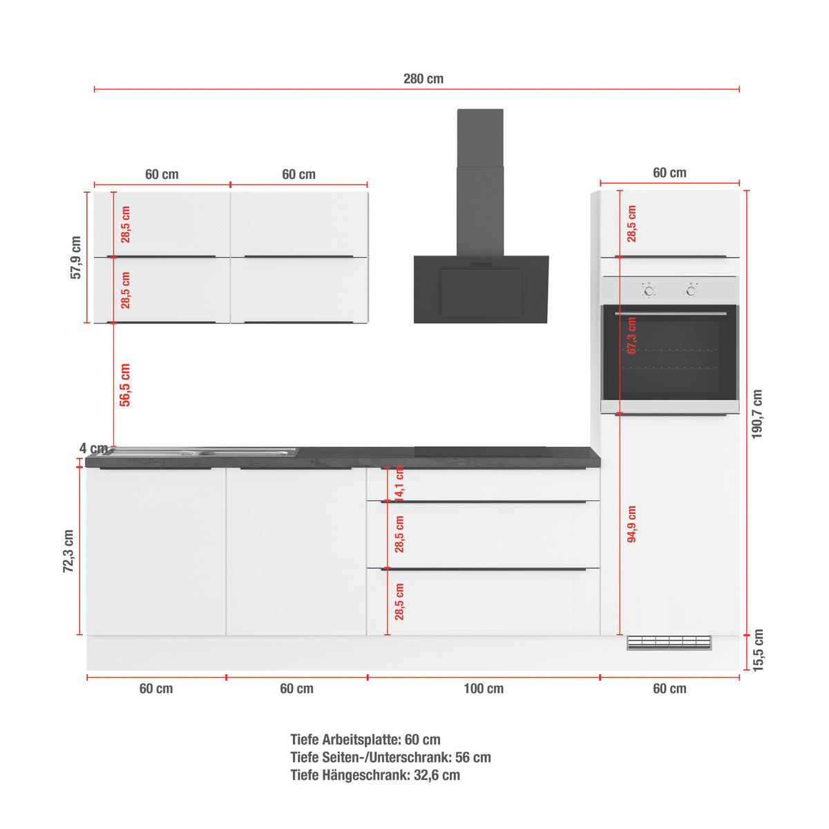Küchenblock inkl. 5 E-Geräte IP3150cm Weiß - Eichefarben/Schwarz, Trend, Holzwerkstoff/Metall (280cm) - Impuls