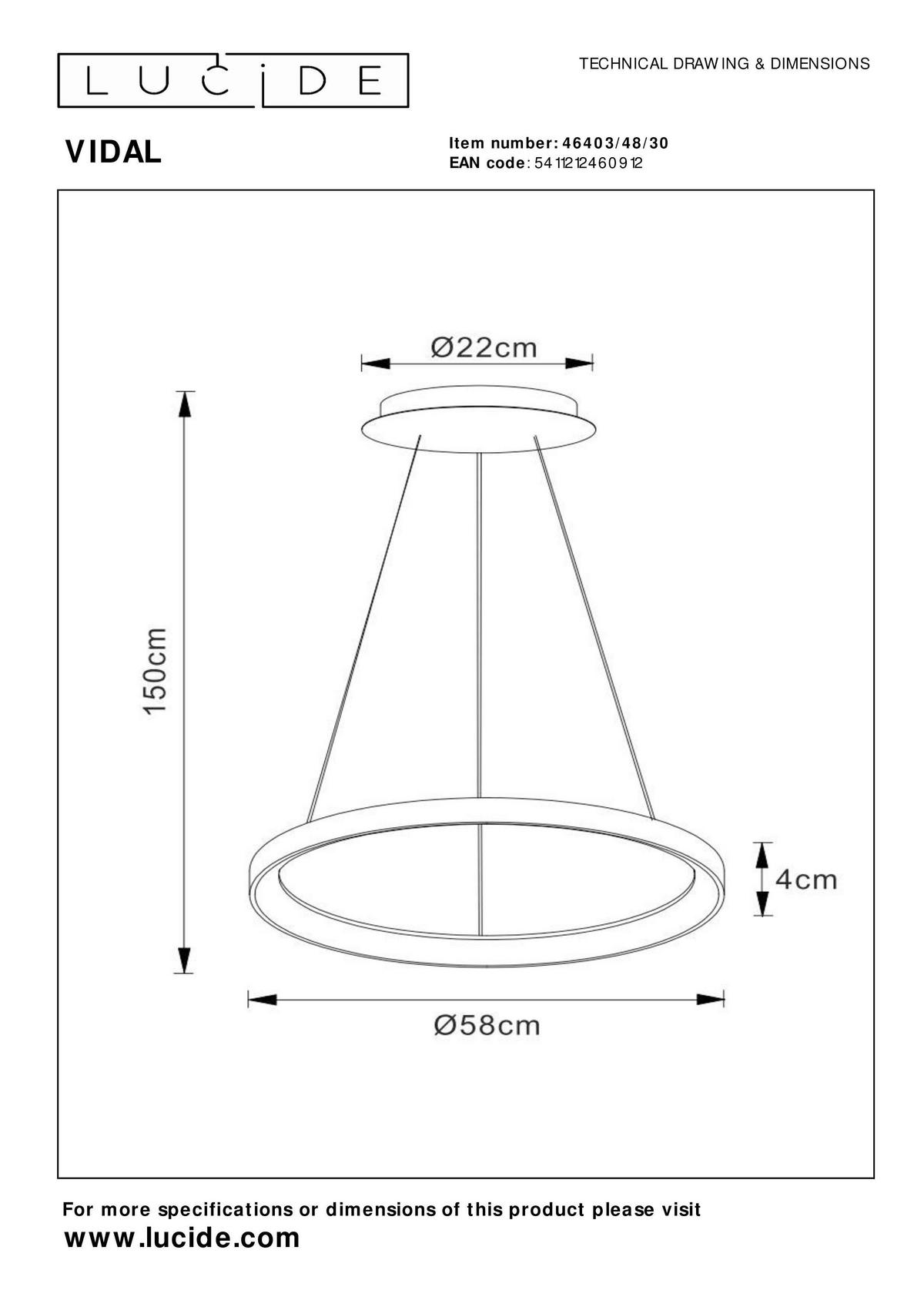 LAMPA WISZĄCA LED 46403/48/30 VIDAL - czarny, Design (58/58/150cm) - Lucide