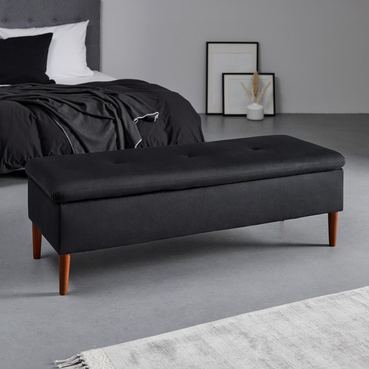 Hockerbank Jessy Schwarz Samt Gepolstert mit Stauraum - Buchefarben/Schwarz, MODERN, Holz/Textil (150/50/55cm) - Bessagi Home