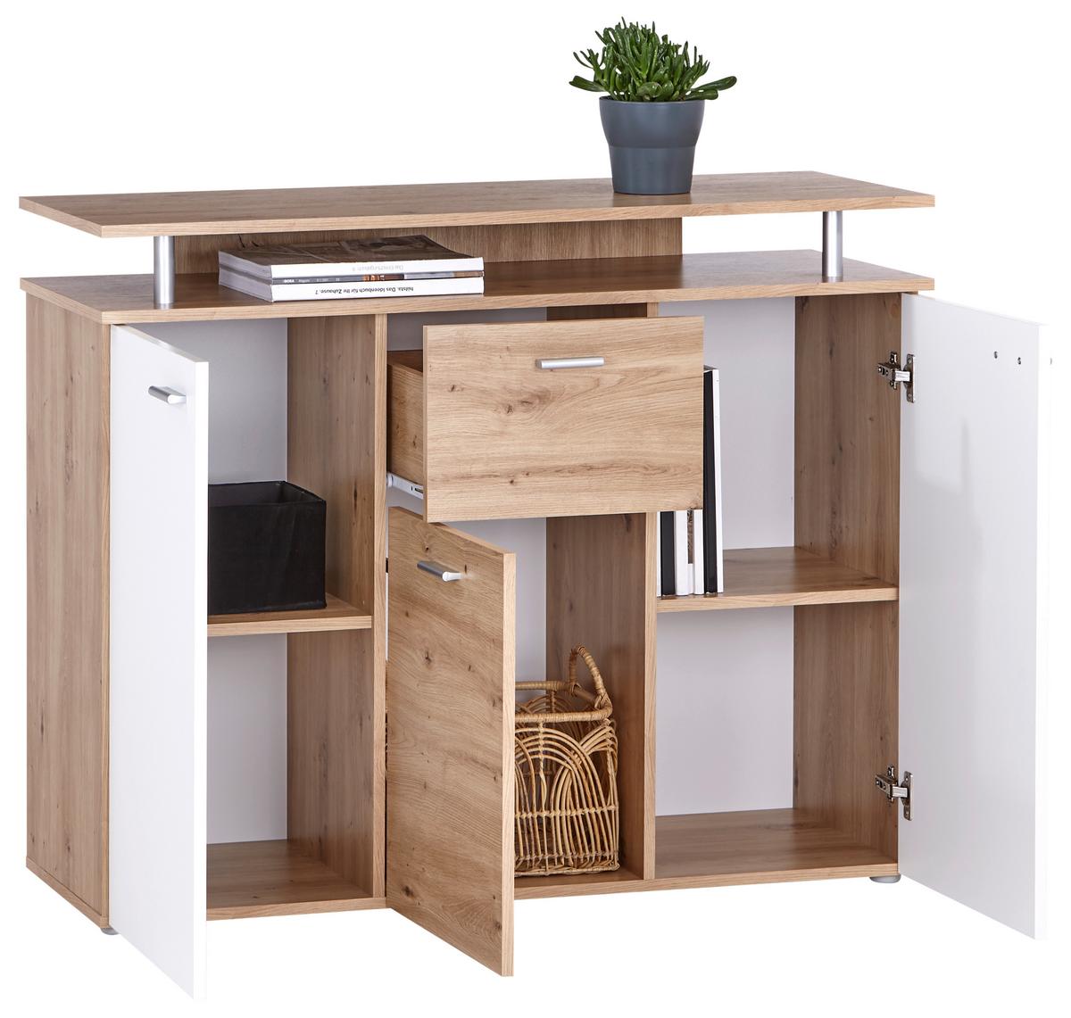 Komoda Leon, Bela, Barva Hrasta - bela/barve aluminija, Moderno, umetna masa/leseni material (117/92,3/38cm) - Mömax