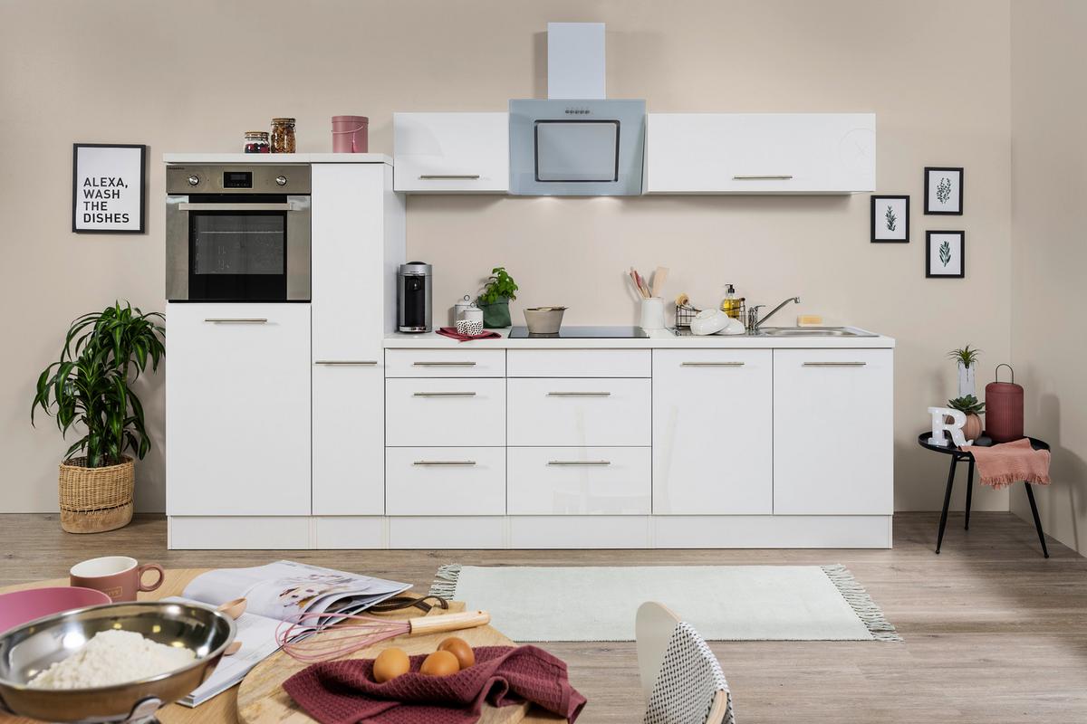 Küchenzeile mit Geräte Weiß Hochglanz B: ca. 300 cm - Edelstahlfarben/Weiß, KONVENTIONELL, Holzwerkstoff/Metall (300cm) - Respekta