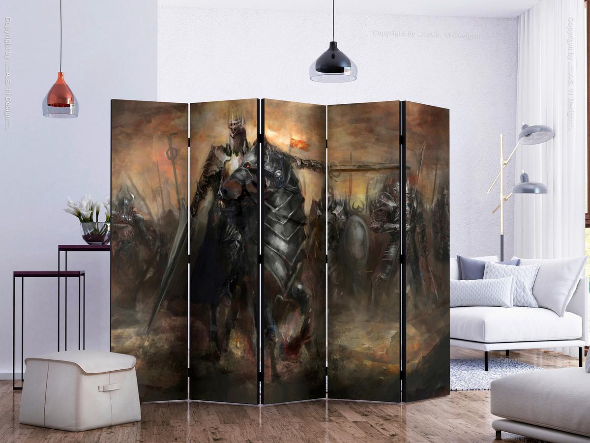 Paravan Dragon Castle I, 5-Delni, Dvostranski - siva/sivobela, Basics, tekstil/les (225/172/3cm) - artgeist