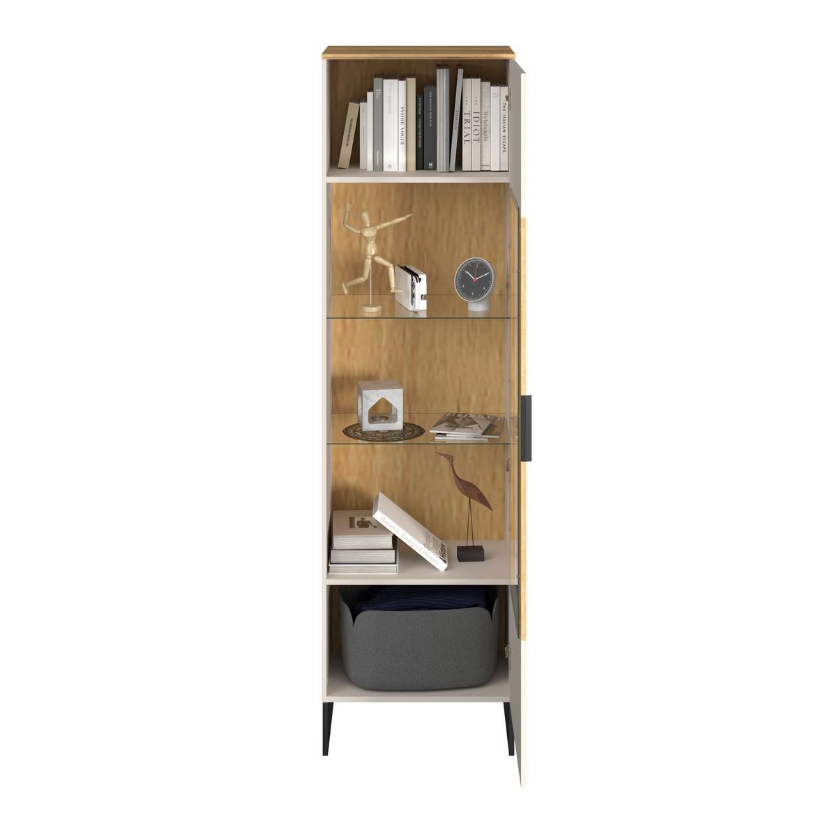 Vitrină KING - cașmir/culoare lemn stejar, Modern, sticlă/material pe bază de lemn (55,2/200/40cm) - Modern Living