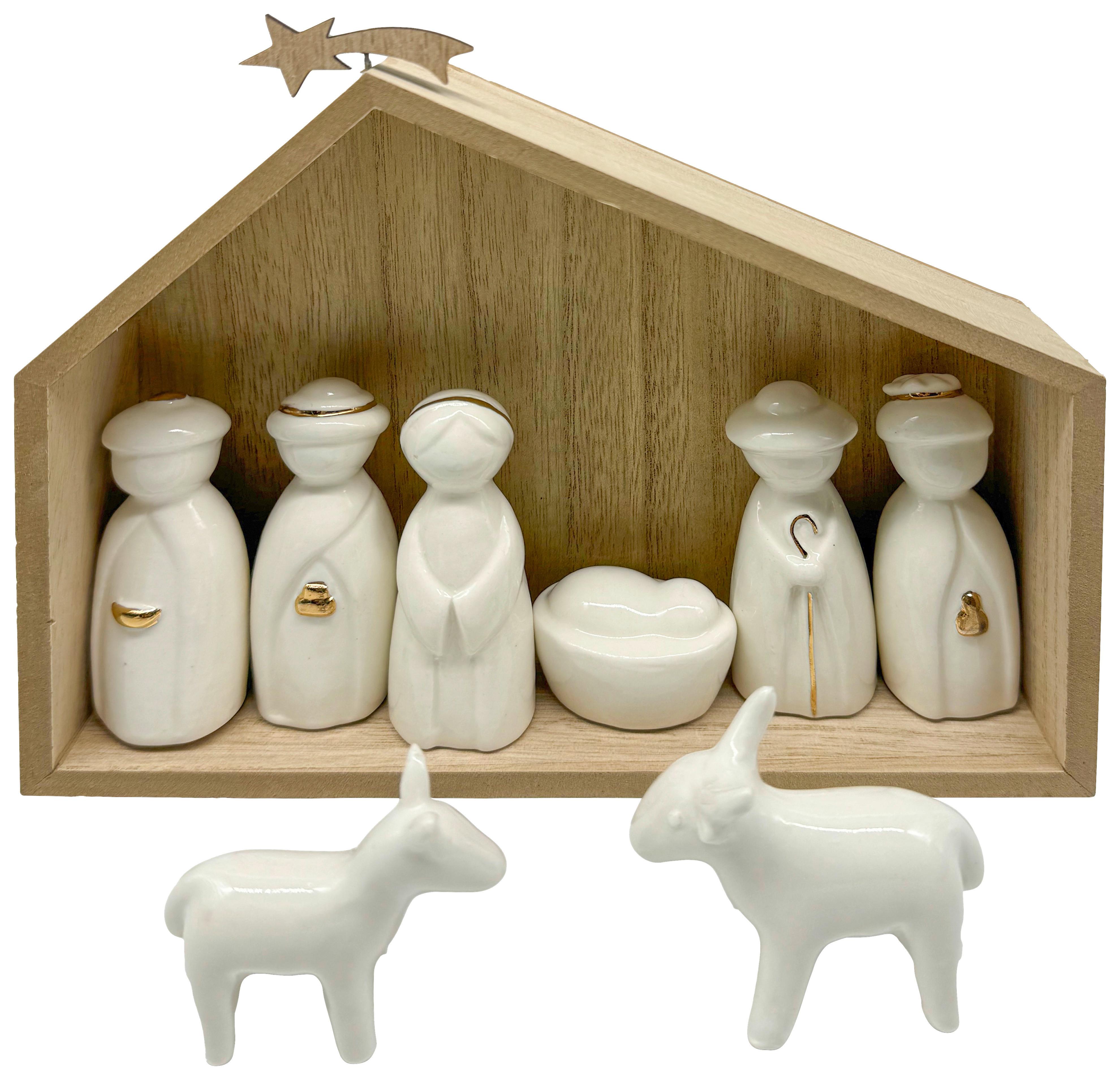 Weihnachtskrippe Carola Weiß - Goldfarben/Naturfarben, KONVENTIONELL, Keramik/Holzwerkstoff (20/18/4,8cm) - Mömax