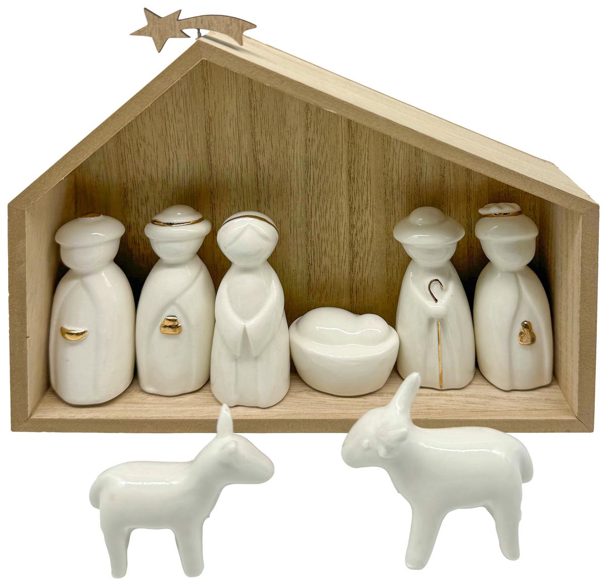 Weihnachtskrippe Carola Weiß - Goldfarben/Naturfarben, KONVENTIONELL, Keramik/Holzwerkstoff (20/18/4,8cm) - Mömax