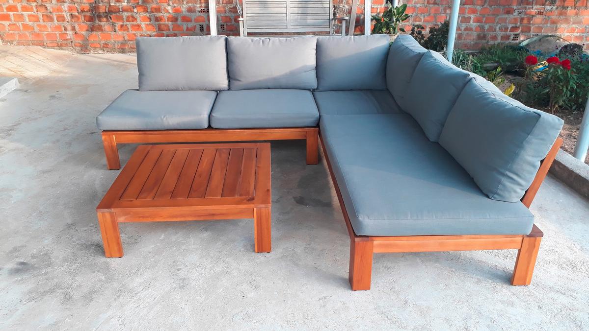 Loungegarnitur "Granada", Akazie massiv mit Kissen - Grau/Akaziefarben, Basics, Holz/Textil (221/65/85cm) - Acamp