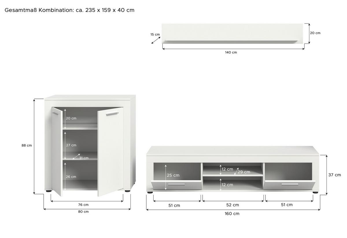 Ansamblu mobilier camera de zi JAM - alb, Design, material pe bază de lemn (255/159/35cm) - Modern Living