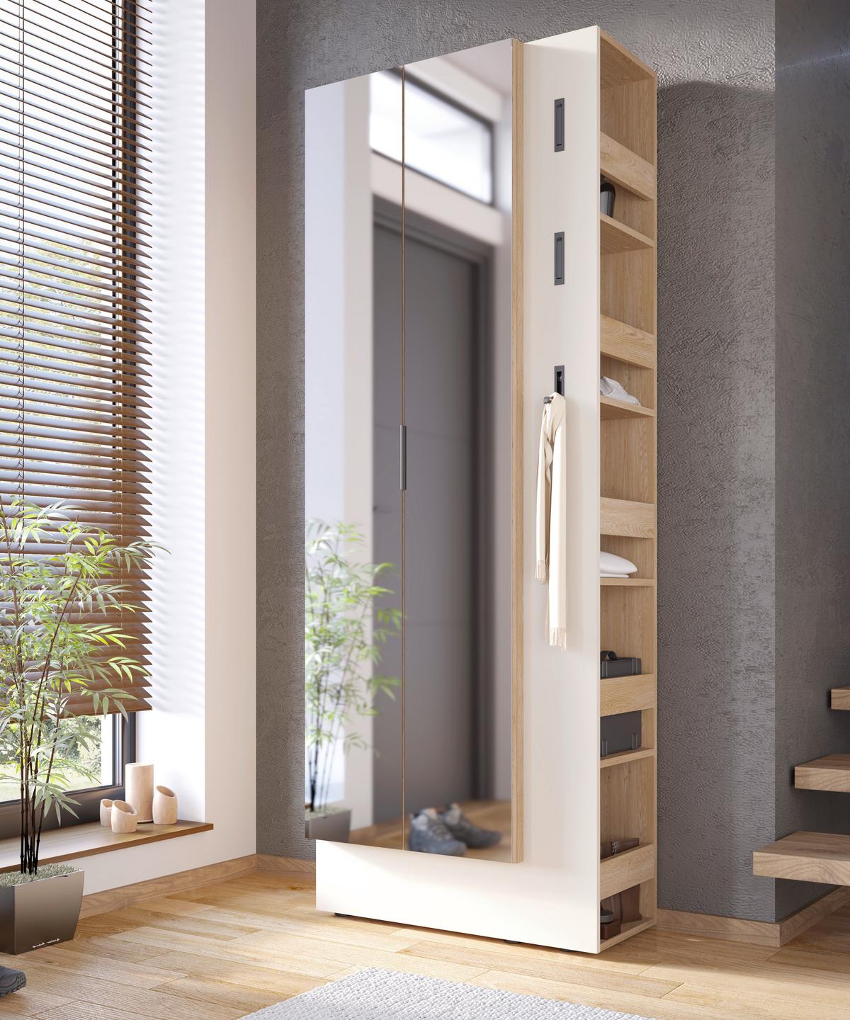 Dulap pentru hol SARINA - cașmir/culoare lemn stejar, Trend, sticlă/material pe bază de lemn (76/201,5/37cm) - Modern Living