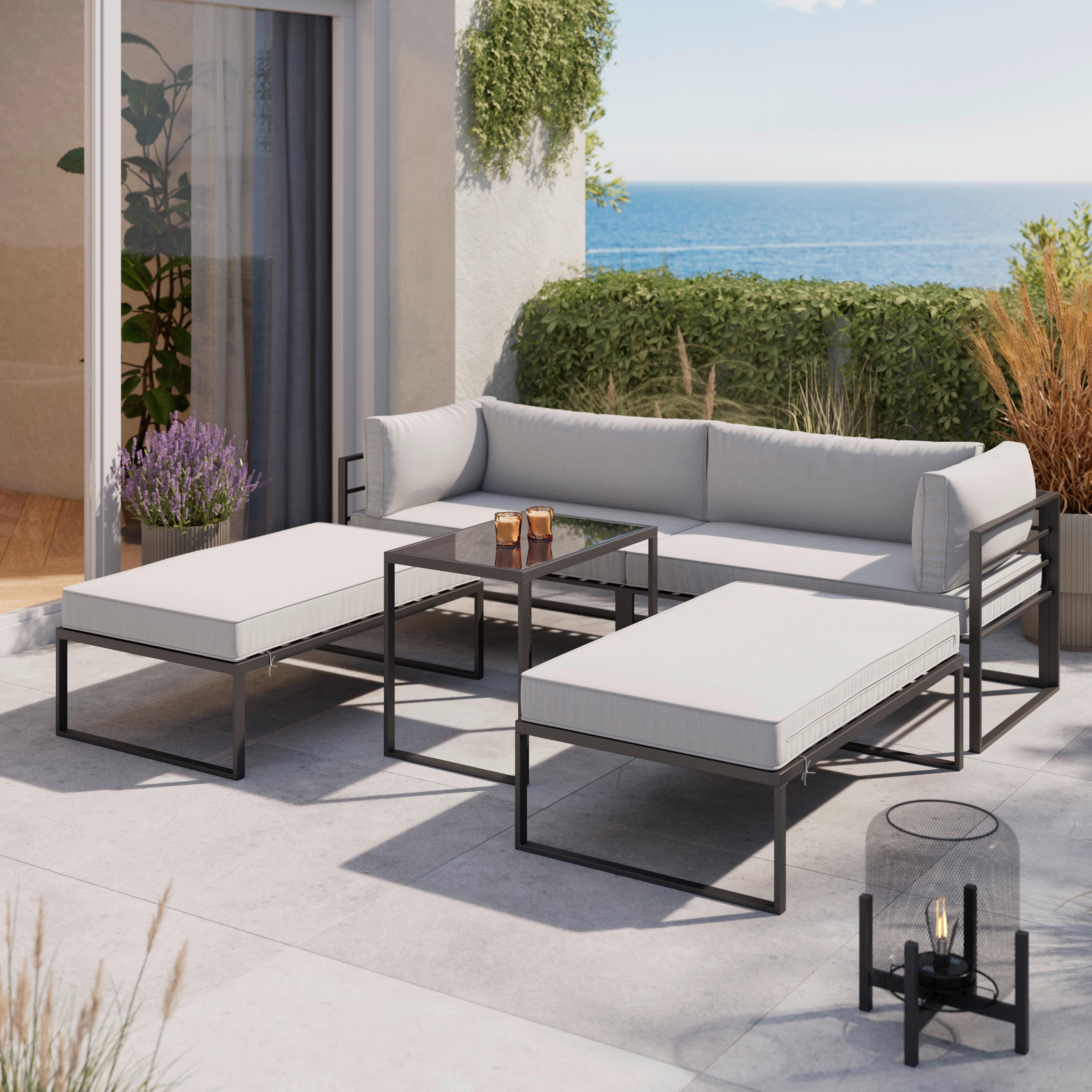 Loungegarnitur Malina Hellgrau aus Metall/Textil - Schwarz/Grau, Modern, Glas/Textil (230/60/70,5cm) - Bessagi Garden