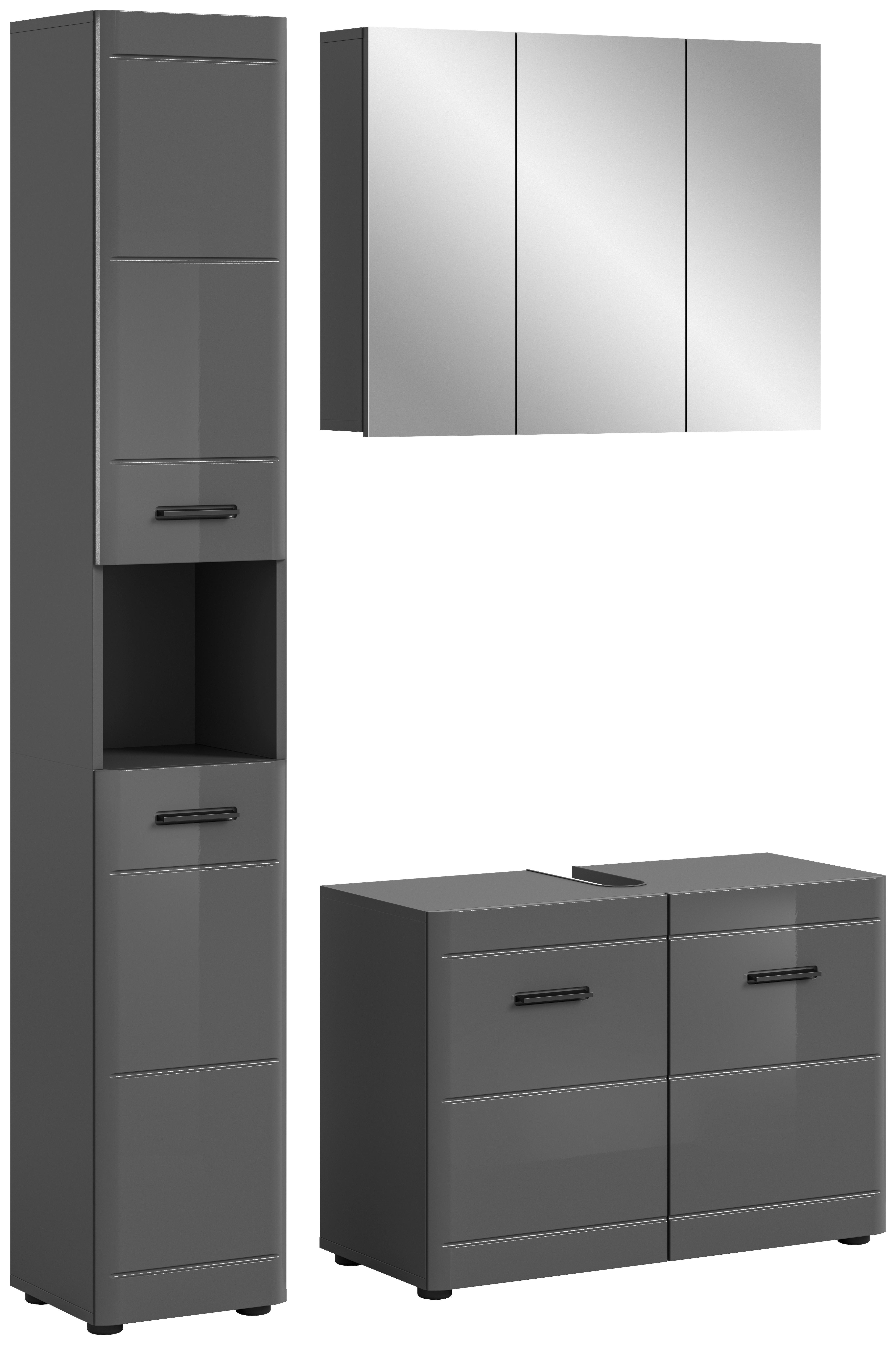 Badezimmer Soft 3-tlg. ca. 110 cm Grau hochglanz - Grau Hochglanz/Schwarz, MODERN, Holzwerkstoff/Kunststoff (110cm) - MID.YOU