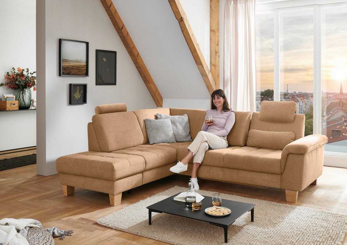 Sedežna Garnitura Pp-La23117 - bež/barve konjaka, Moderno, tekstil/leseni material (253/45/221cm) - Premium Living