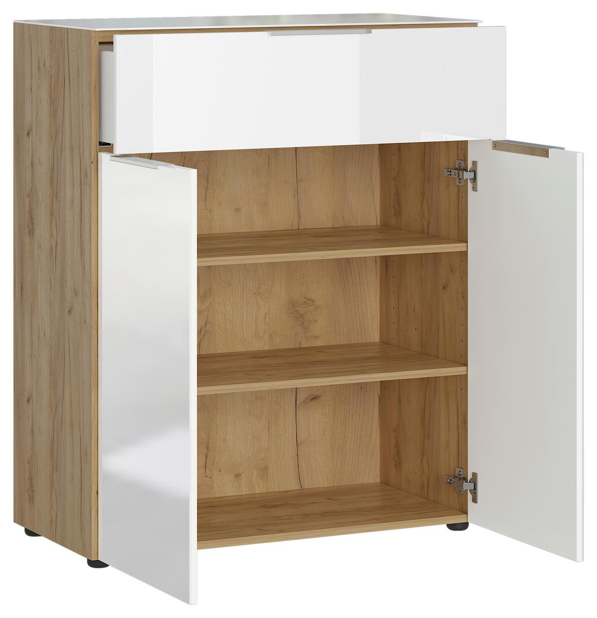 commode in Weiss/Eichefarben - couleur de chêne/noir, Modern, métal/verre (83/102/42cm) - Premium Living