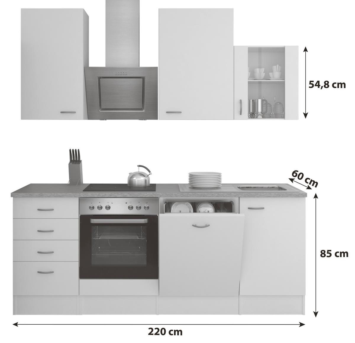 Küchenblock "Wito" , Weiß - Edelstahlfarben/Hellgrau, MODERN, Glas/Holzwerkstoff (220cm) - FlexWell