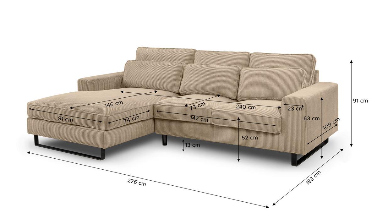 Ecksofa Bolivia Beige Cord - Beige/Schwarz, Basics, Holzwerkstoff/Textil (276/183cm) - MID.YOU