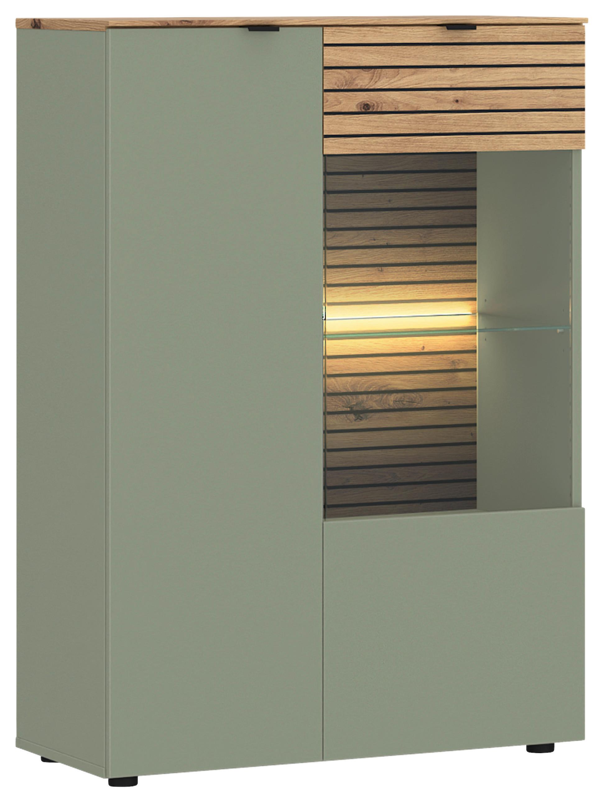 Vitrină NEXA - verde salvie/stejar Artisan, Basics, sticlă/material pe bază de lemn (80/116/40cm) - Modern Living