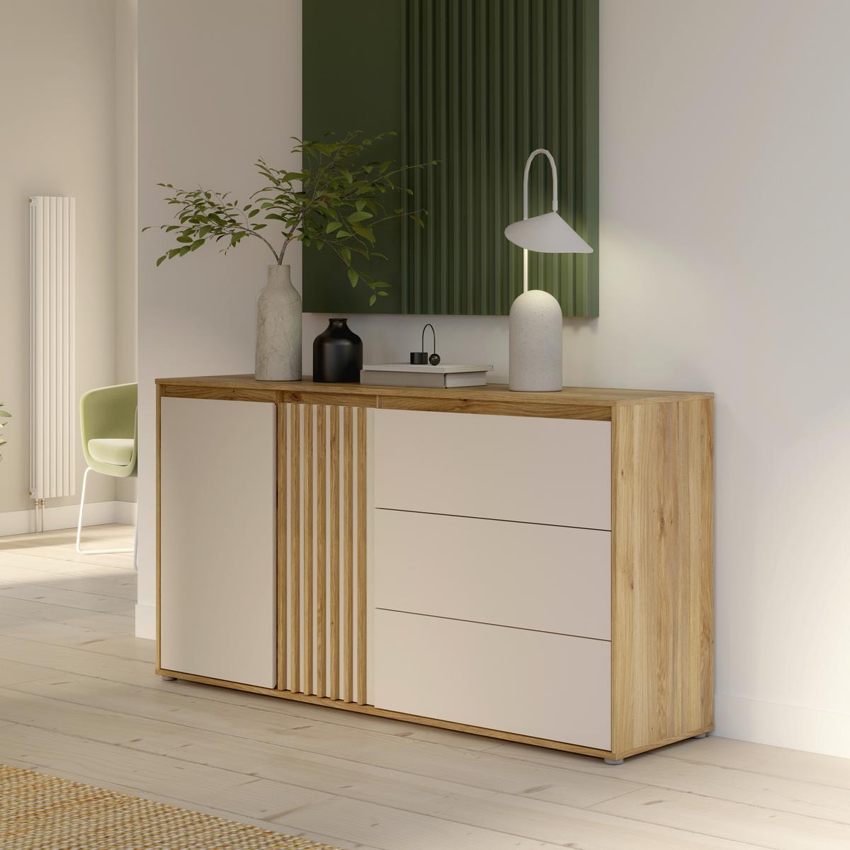 Comodă ELISTON - culoare lemn stejar/nisipiu, Natur, plastic/material pe bază de lemn (159,3/84,9/41,5cm) - Modern Living