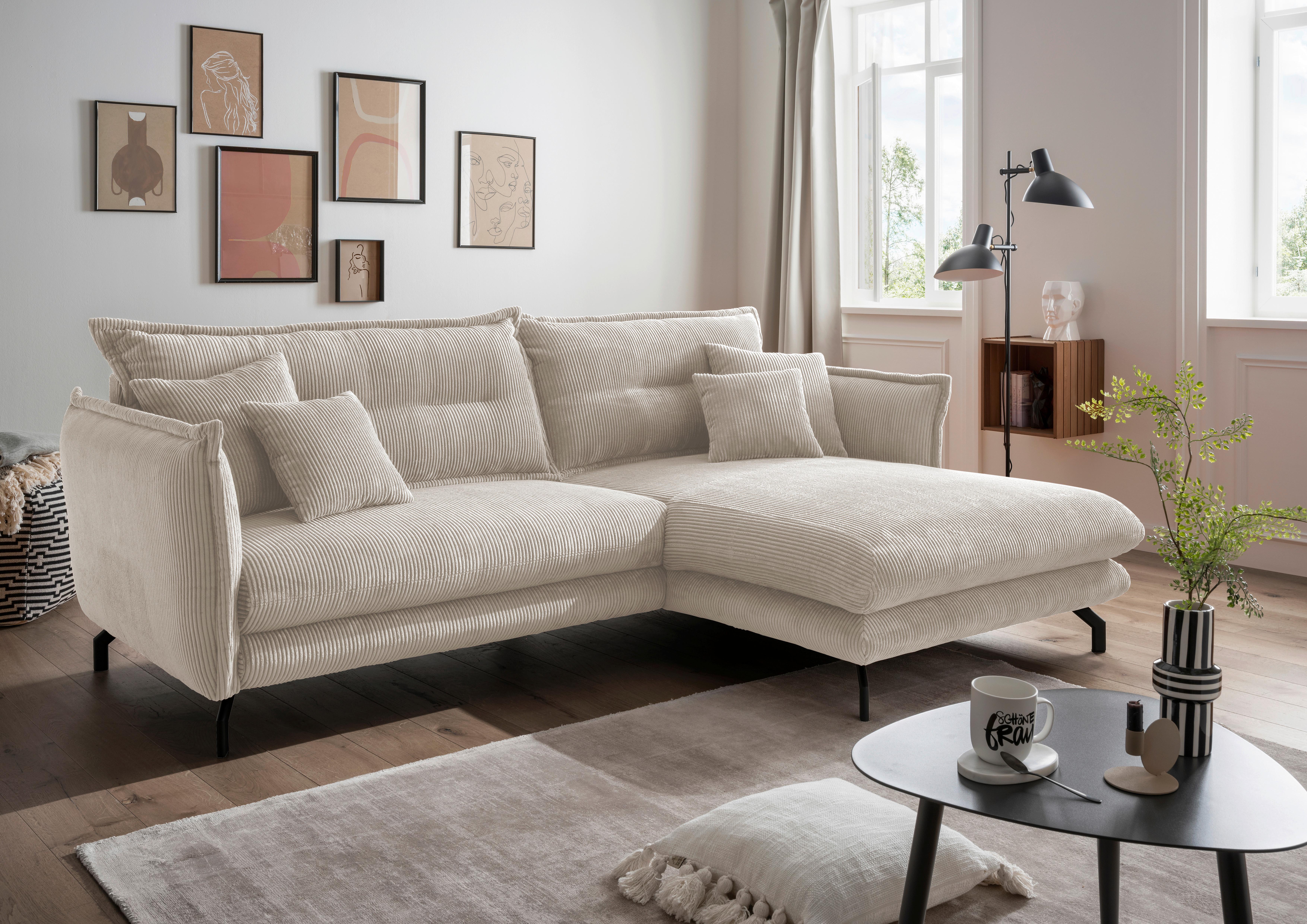 Wohnlandschaft Lava Beige Cord - Beige/Schwarz, MODERN, Textil/Metall (255/180cm) - Livetastic