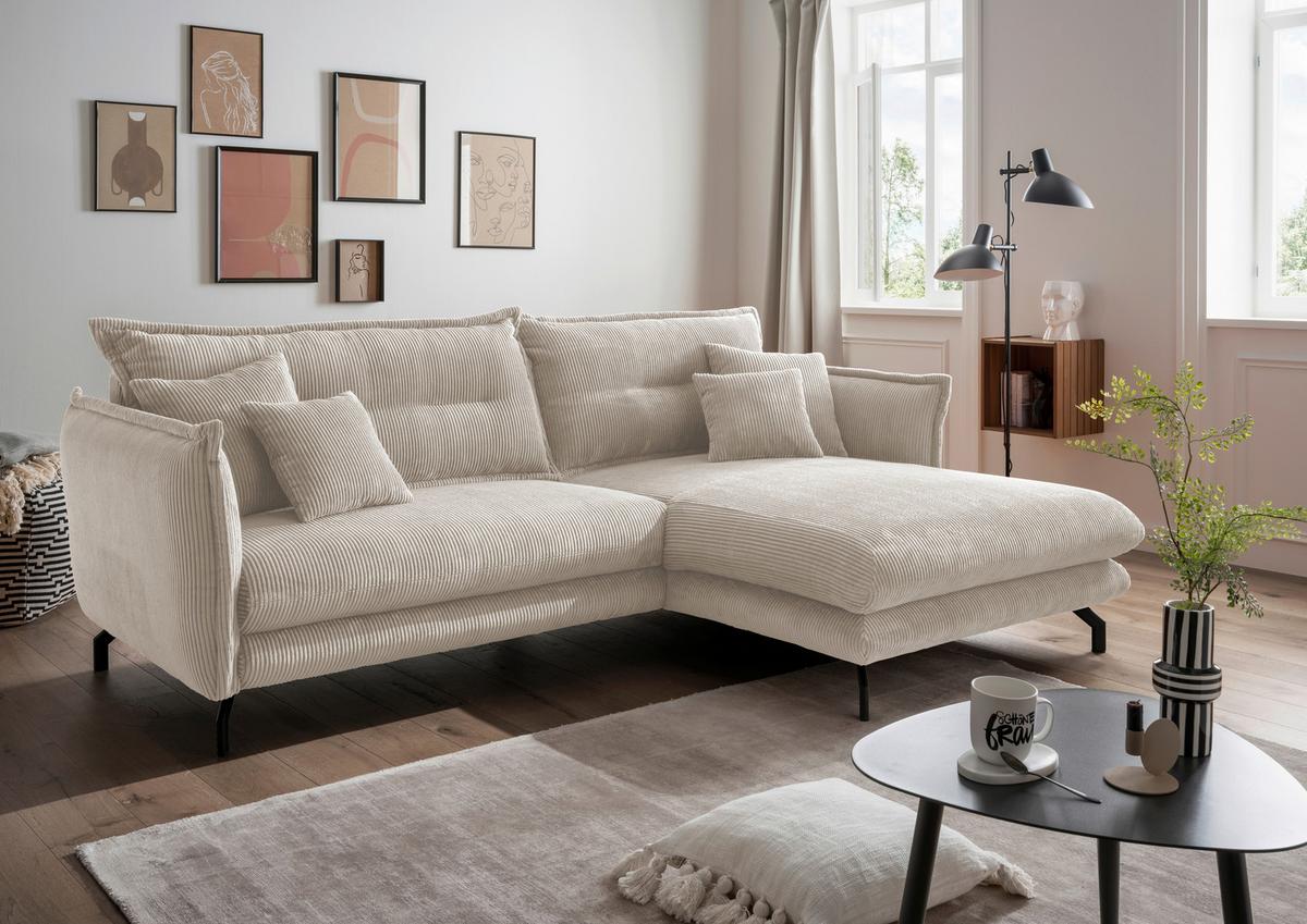 Wohnlandschaft Lava Beige Cord - Beige/Schwarz, MODERN, Textil/Metall (255/180cm) - Livetastic