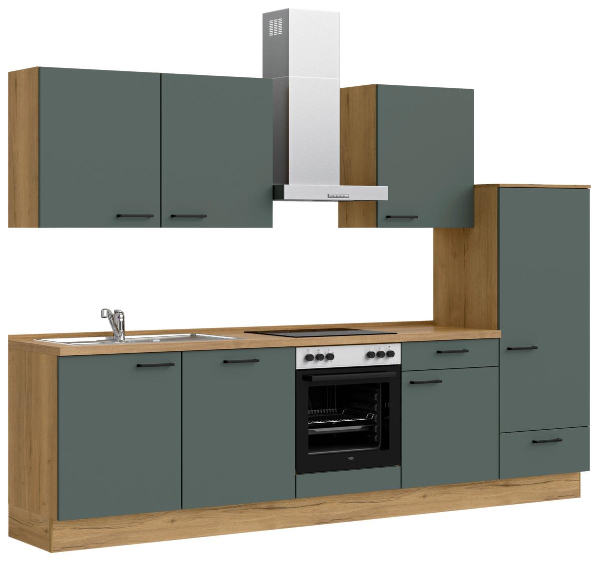 Küchenblock Easytouch m. Geräten Dunkelgrün - Dunkelgrün/Eichefarben, MODERN, Holzwerkstoff/Metall (300cm) - Nobilia