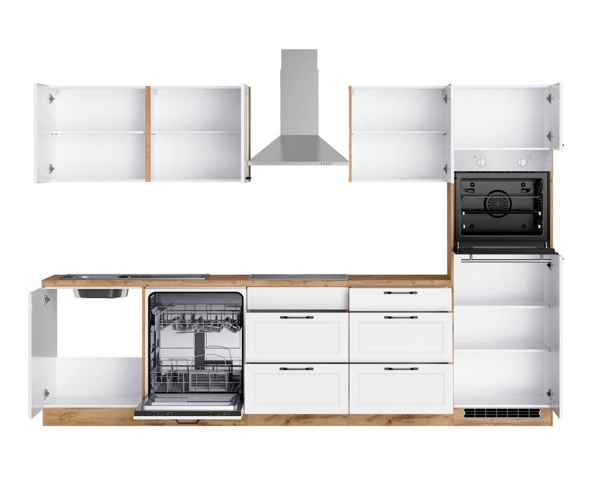 Küchenzeile Meran mit Geräten ca. 300 cm Weiß/Eiche Dekor - Eiche Wotan/Schwarz, LIFESTYLE, Holzwerkstoff/Metall (300cm) - Held
