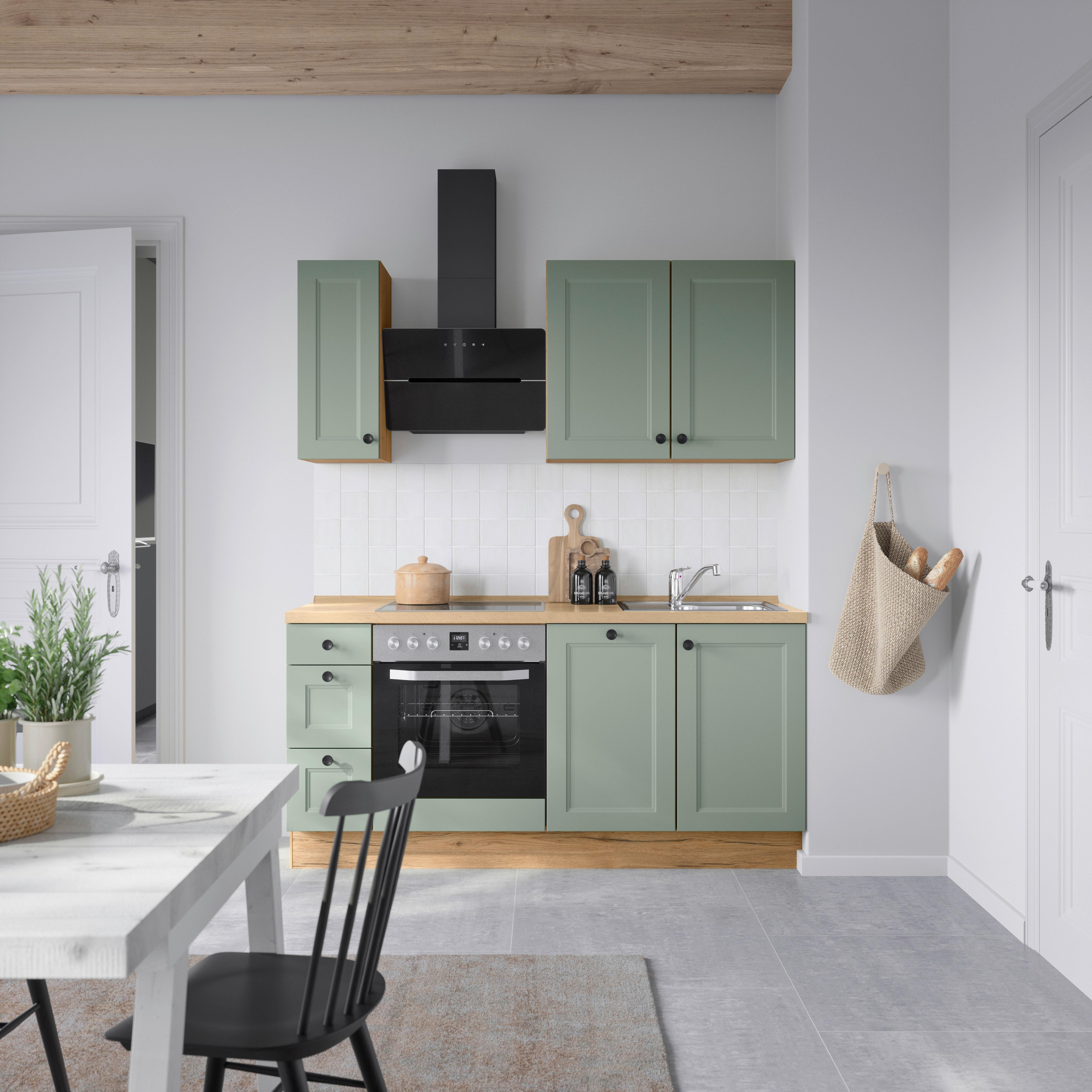 Küchenblock Casada m. Geräten Schilfgrün - Schilfgrün/Eichefarben, MODERN, Holzwerkstoff/Metall (180cm) - Nobilia