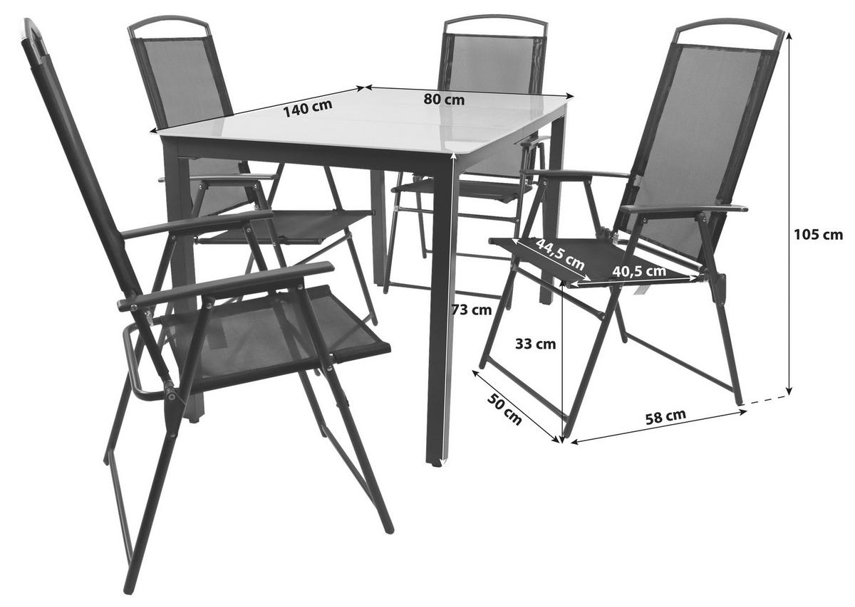 Gartentischgruppe Schwarz 5-teilig - Anthrazit/Schwarz, Basics, Glas/Textil (140/80/73cm) - Gardenson