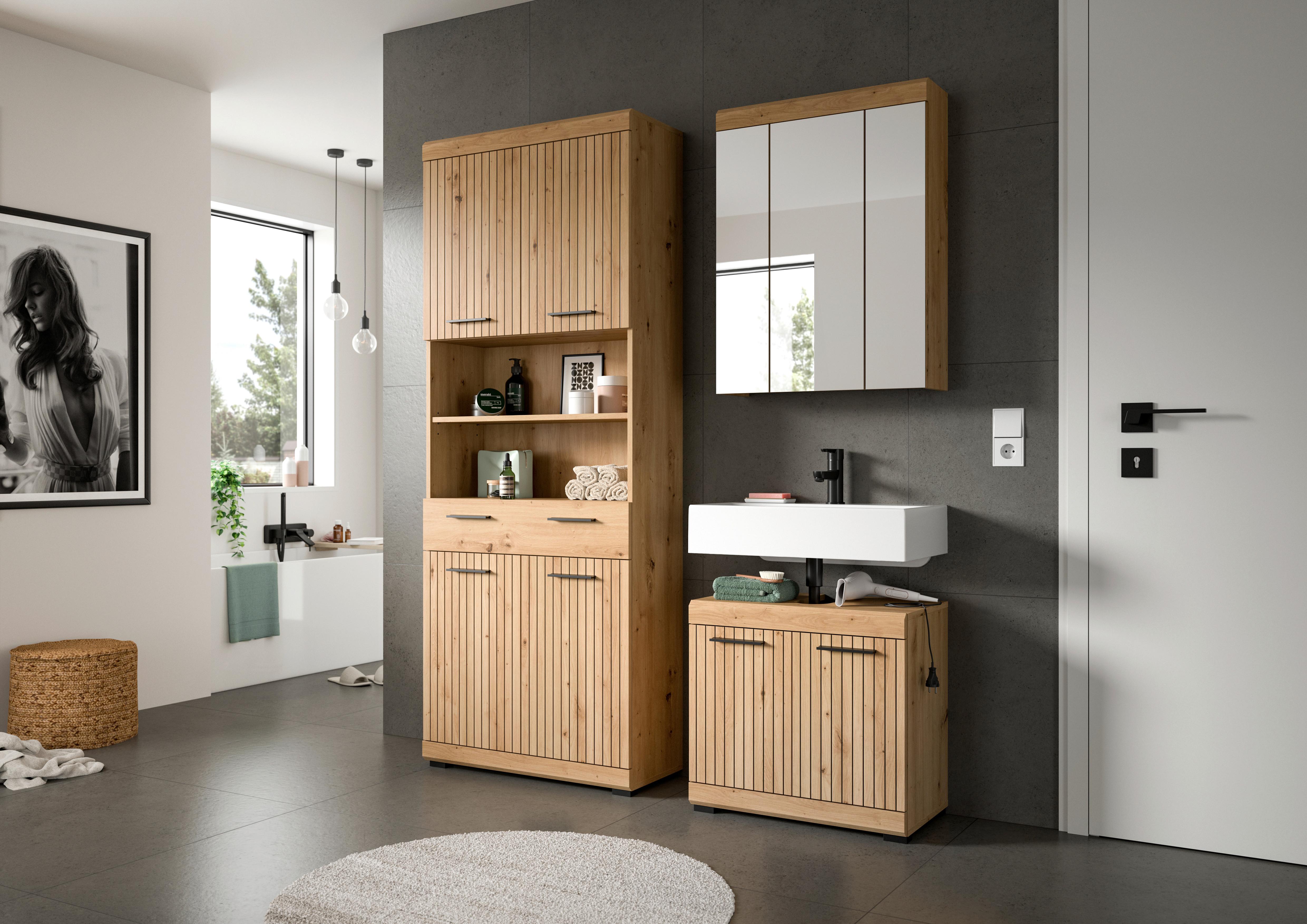Badezimmer Scout Eiche Artisan 3-teilig - Schwarz/Eiche Artisan, Trend, Glas/Holzwerkstoff (134cm) - MID.YOU