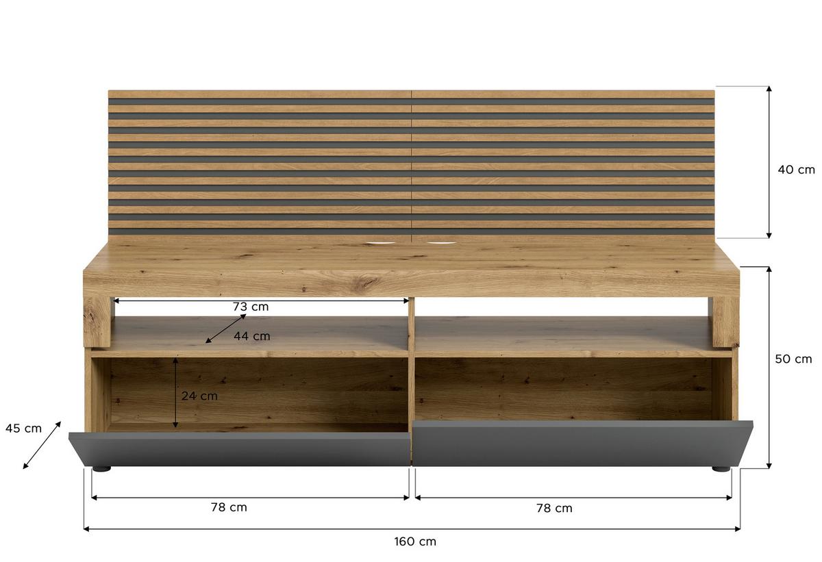 Lowboard Okai ca. 160x90 cm Eiche/Grau - Anthrazit, KONVENTIONELL, Holzwerkstoff/Kunststoff (160/90/45cm) - MID.YOU