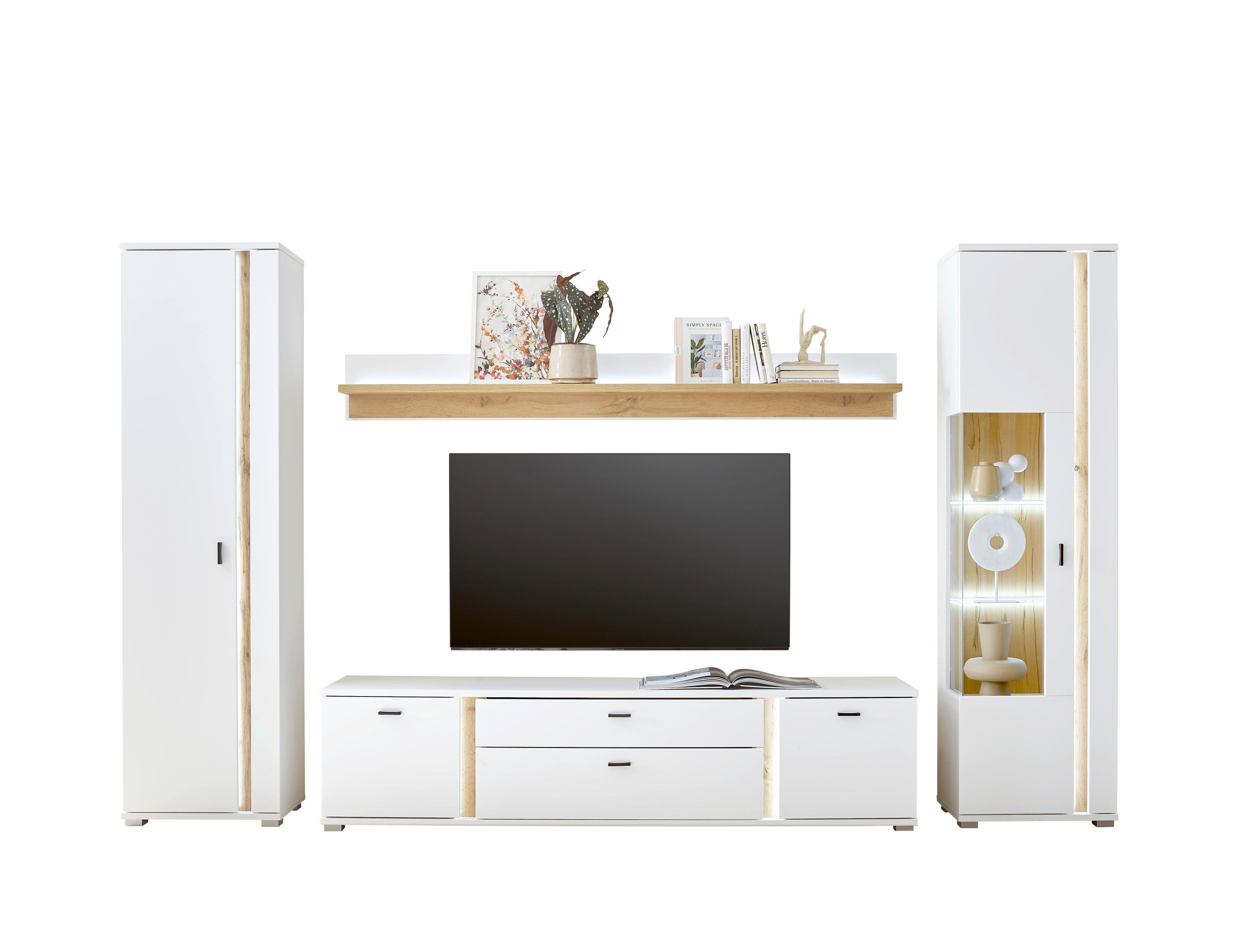 WOHNWAND LONG ISLAND - Eiche Wotan/Silberfarben, Design, Glas/Holzwerkstoff (330/200/42cm) - MID.YOU