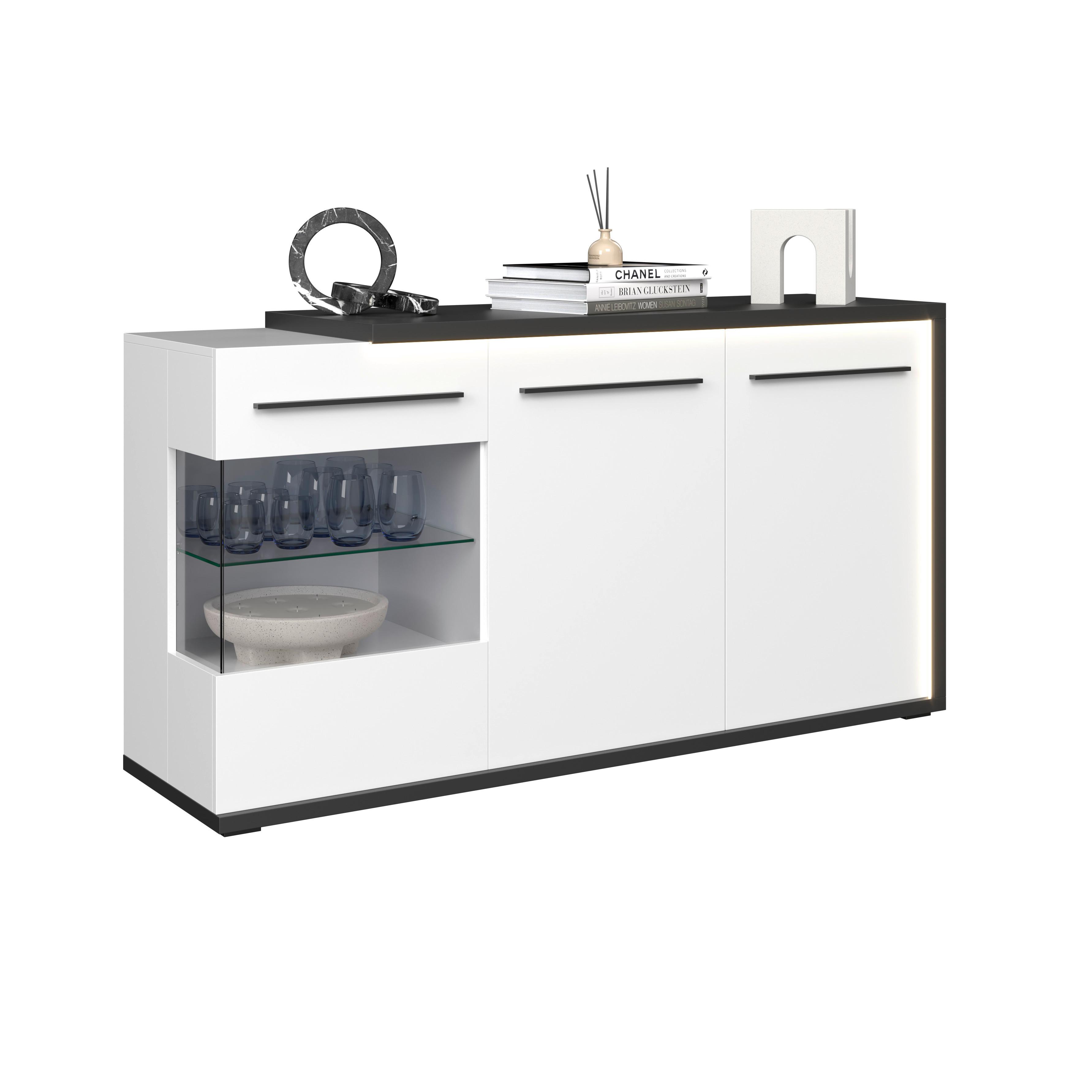 Široka Komoda Ambiente Plus, Bela, Antracit - črna/bela, Moderno, umetna masa/steklo (153,4/81,6/43,6cm) - Modern Living