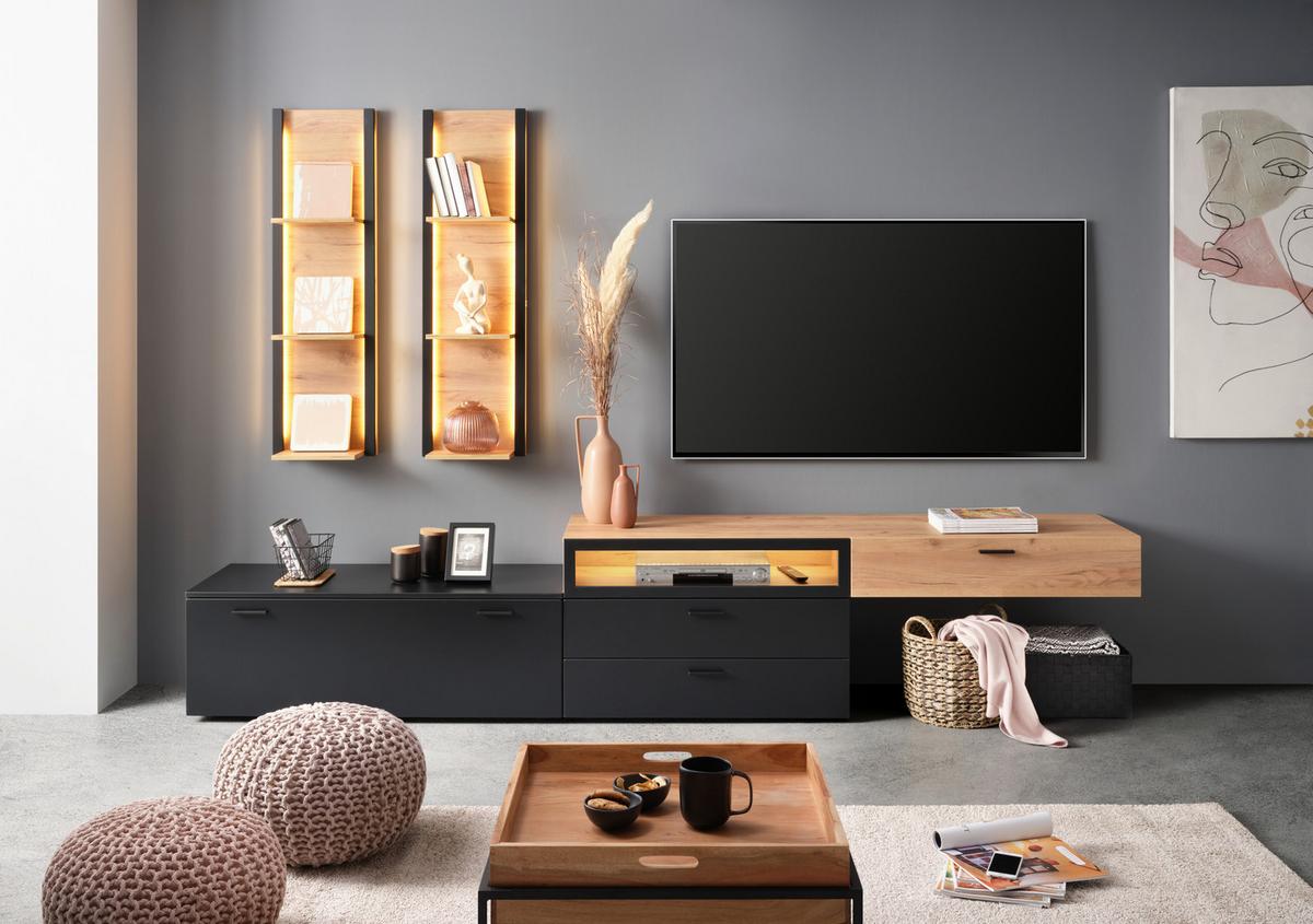 Wohnwand in Schwarz/Eichefarben - Eichefarben/Schwarz, Modern, Holzwerkstoff/Metall (300/210/50cm) - Mömax