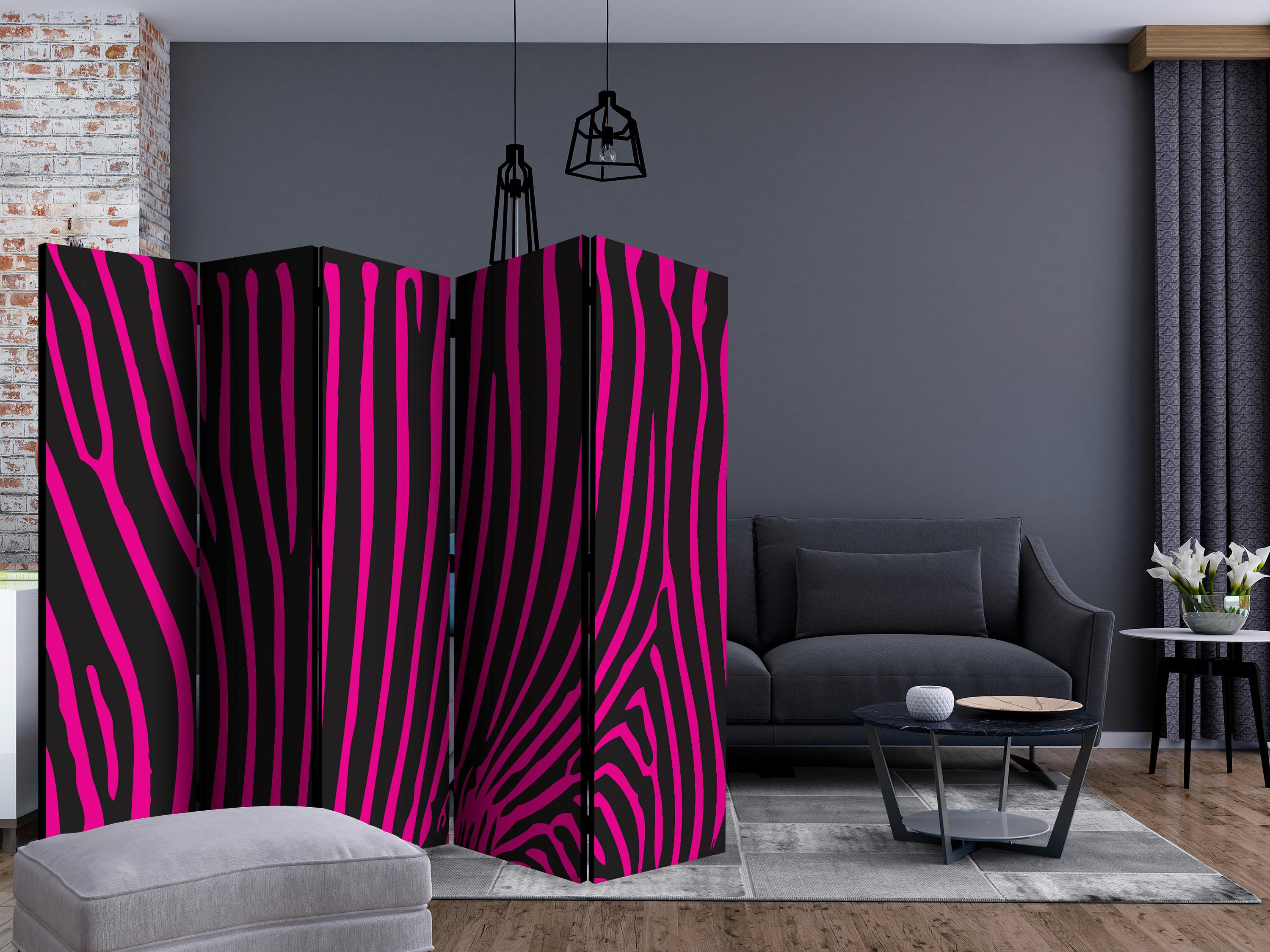 Paravan Zebra Pattern Pink I, 5-Delni, Dvostranski - pink/črna, Basics, tekstil/les (225/172/2cm) - artgeist