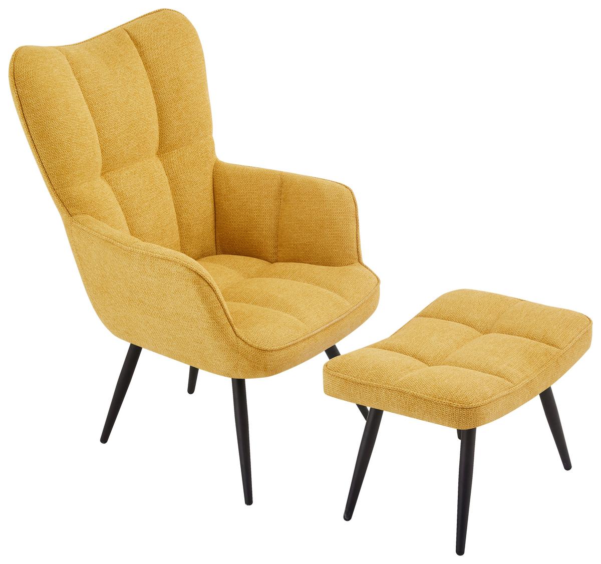 Fotelj Hanoi, Rumena, S Taburejem - rumena/črna, Moderno, kovina/tekstil (71/98/83cm)