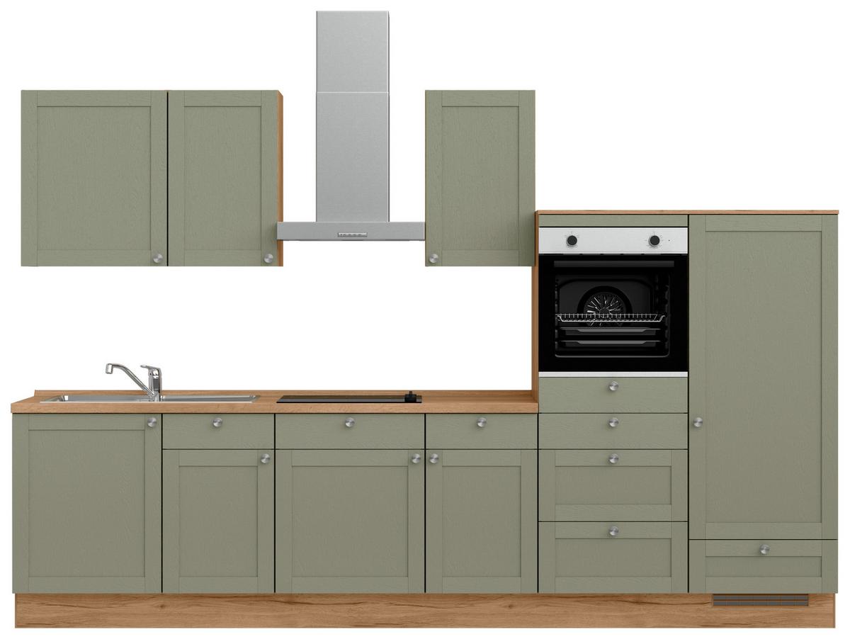 Küchenleerblock Frame Low o. Geräte Olivgrün - Edelstahlfarben/Eichefarben, MODERN, Holzwerkstoff/Metall (330cm) - Nobilia
