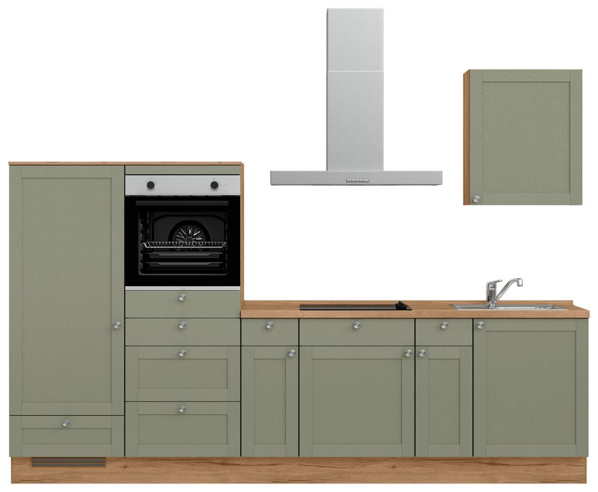Küchenleerblock Frame Low o. Geräte Olivgrün - Edelstahlfarben/Eichefarben, MODERN, Holzwerkstoff/Metall (300cm) - Nobilia