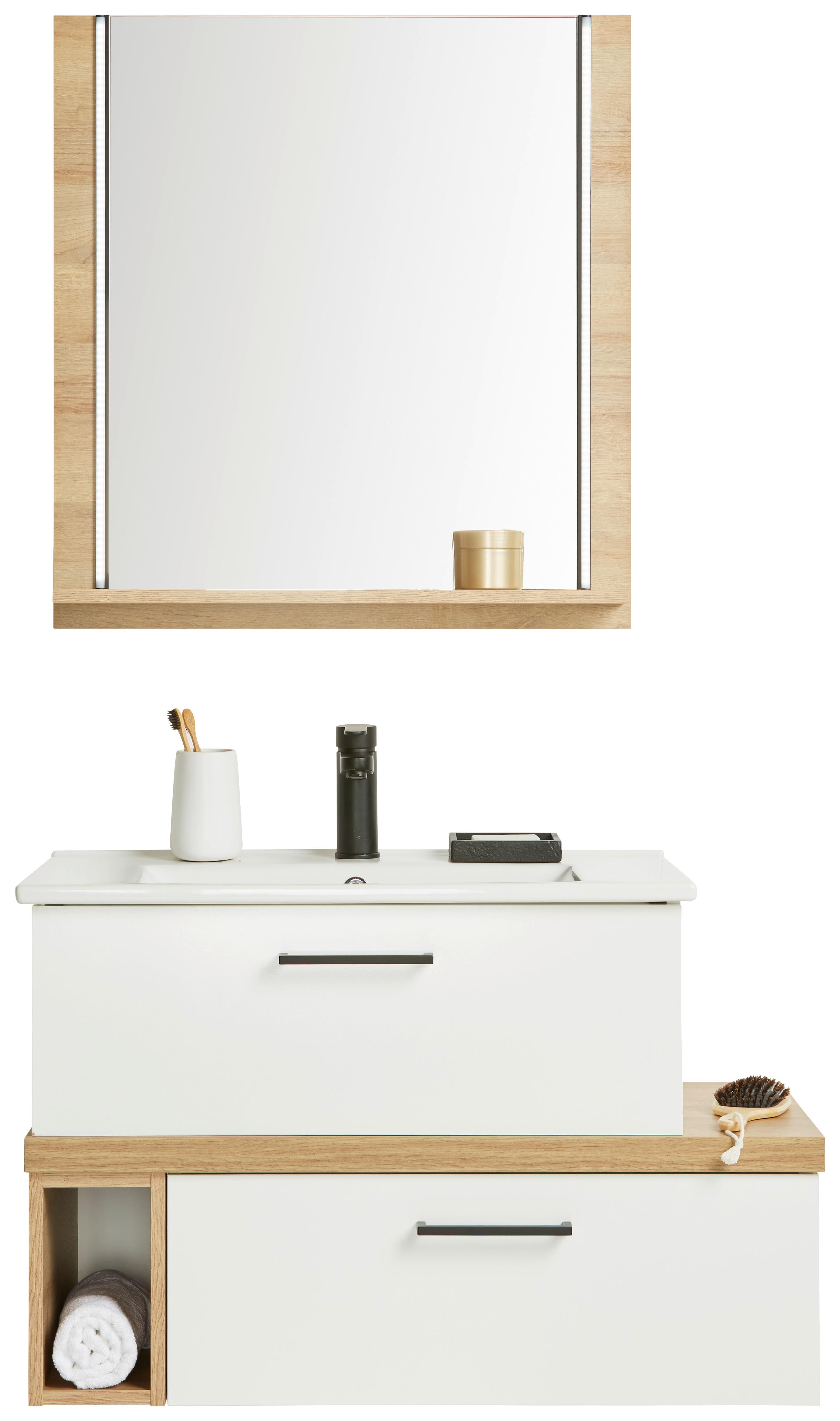 Badezimmer in Weiß inkl. Beleuchtung - Eichefarben/Weiß, MODERN, Keramik/Holzwerkstoff (88cm) - Pelipal