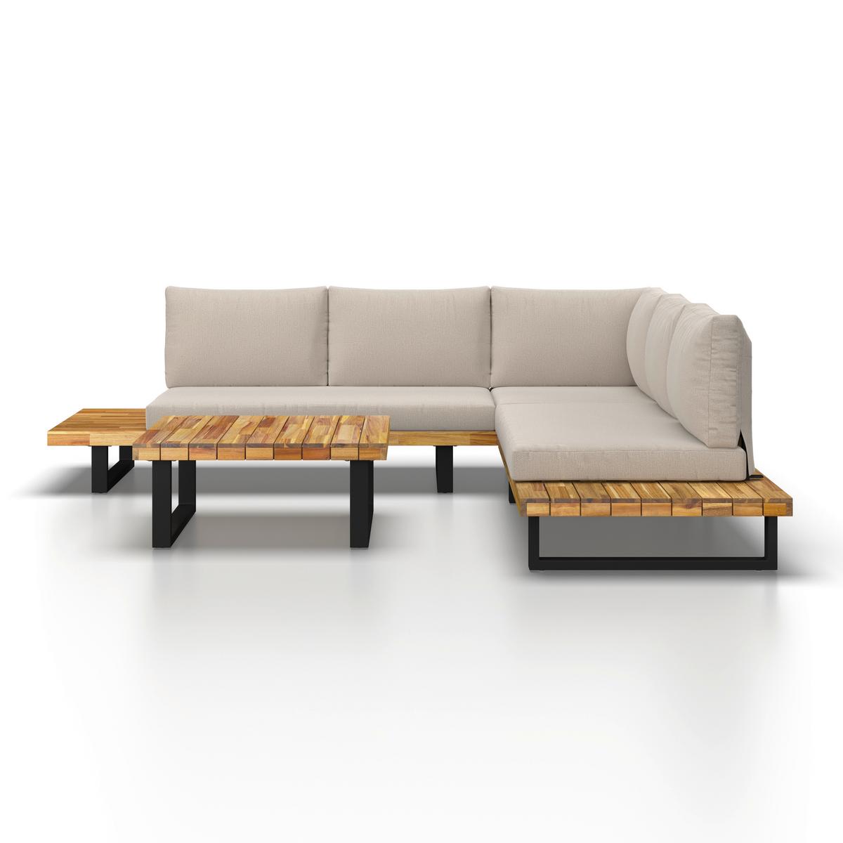 Loungegarnitur Cristina Creme Echtholz/Textil/Metall - Creme/Schwarz, Modern, Holz/Textil (254/78/82cm) - Bessagi Garden