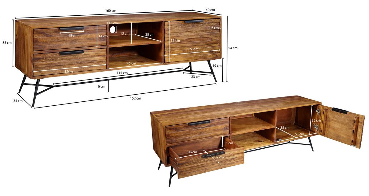Komoda Nishan, Pravi Les - črna/barve indijskega rožnega lesa, Design, kovina/les (160/54/40cm) - MID.YOU