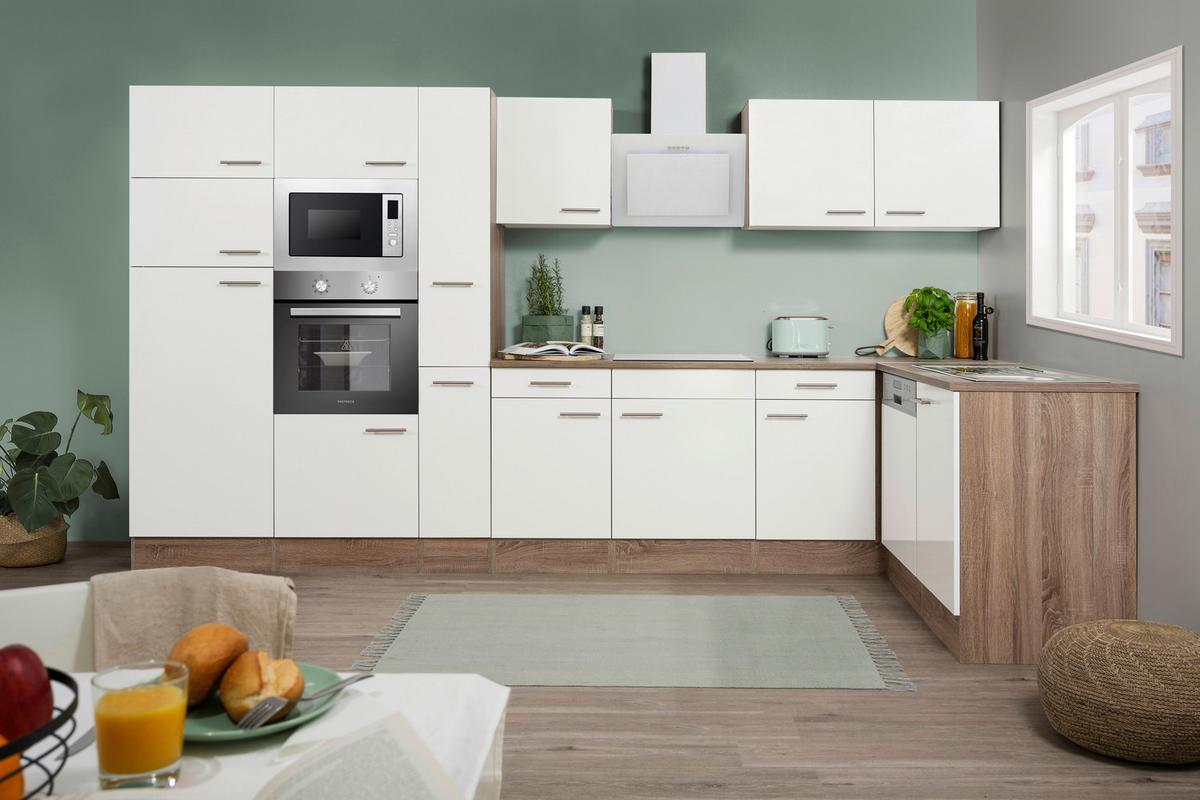 Eckküche Oliver mit Geräten ca. 370x172 cm Weiß - Eichefarben/Weiß, Basics, Holzwerkstoff/Metall (370/172cm) - Respekta